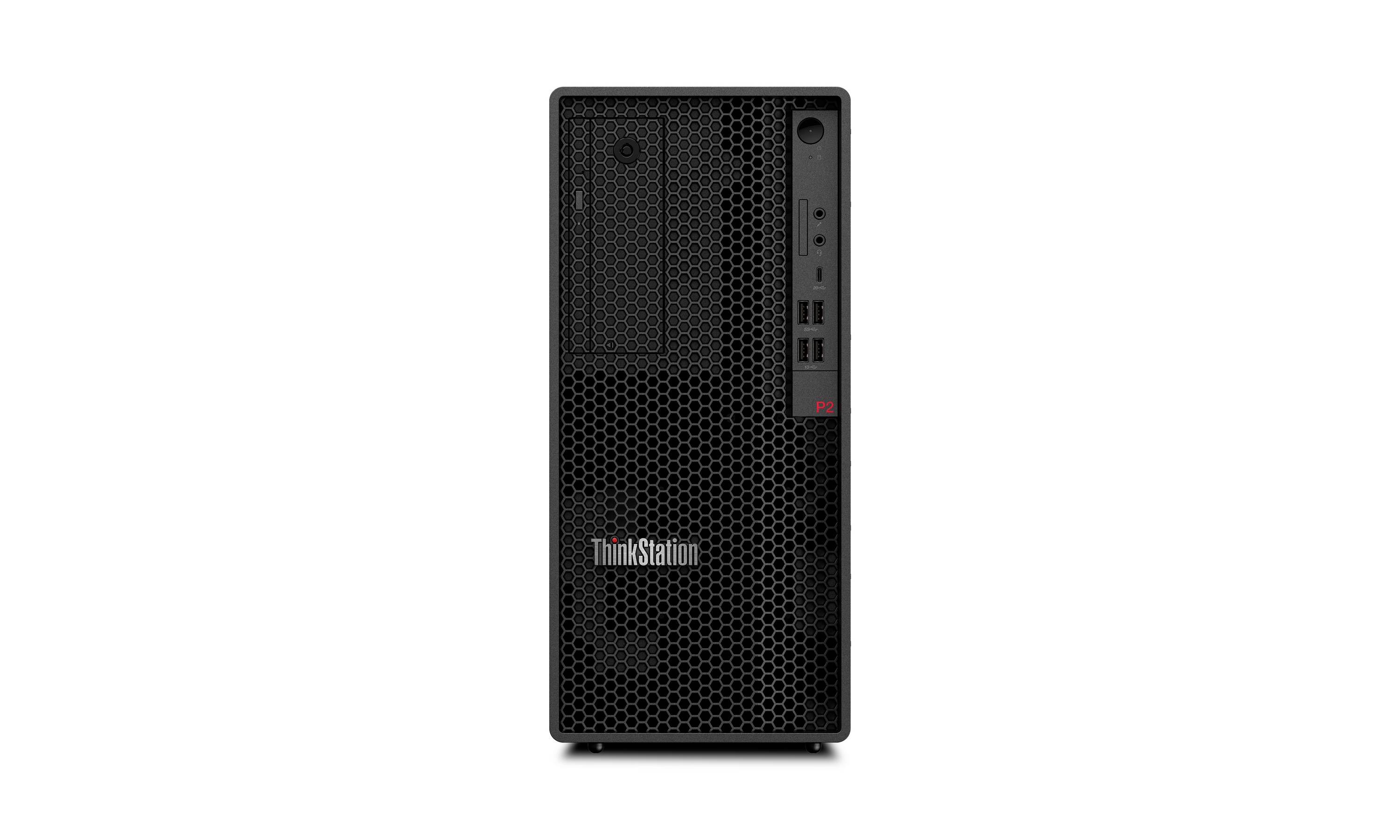 Frontansicht eines schwarzen Lenovo ThinkStation Desktop-Turms mit perforiertem Frontpanel und vorderen USB-Anschlüssen.
