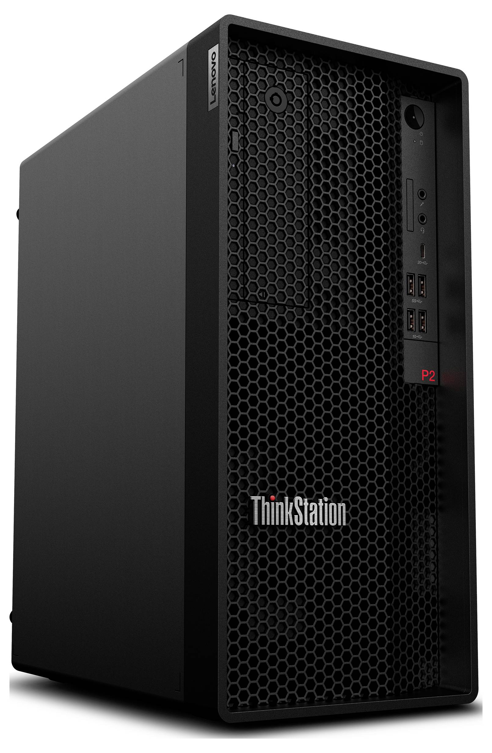 Schwarze Lenovo ThinkStation Tower-Workstation mit Mesh-Frontblende, Frontanschlüssen und rotem P2-Modellabzeichen auf weißem Hintergrund