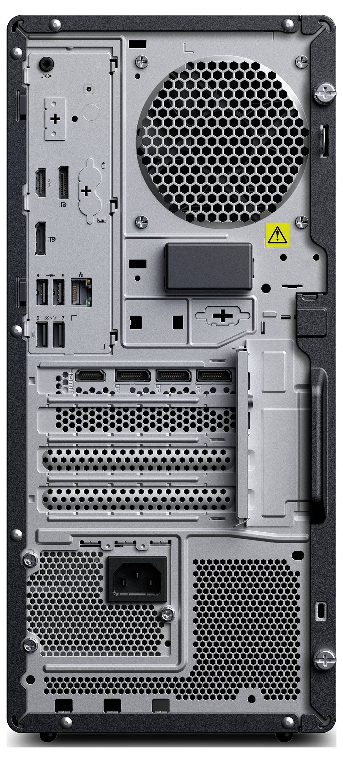Rückansicht eines Desktop-Computer-Towers mit Lüftungsgittern, Erweiterungssteckplätzen, Anschlüssen, Stromanschluss und internen Zugriffspanelen.