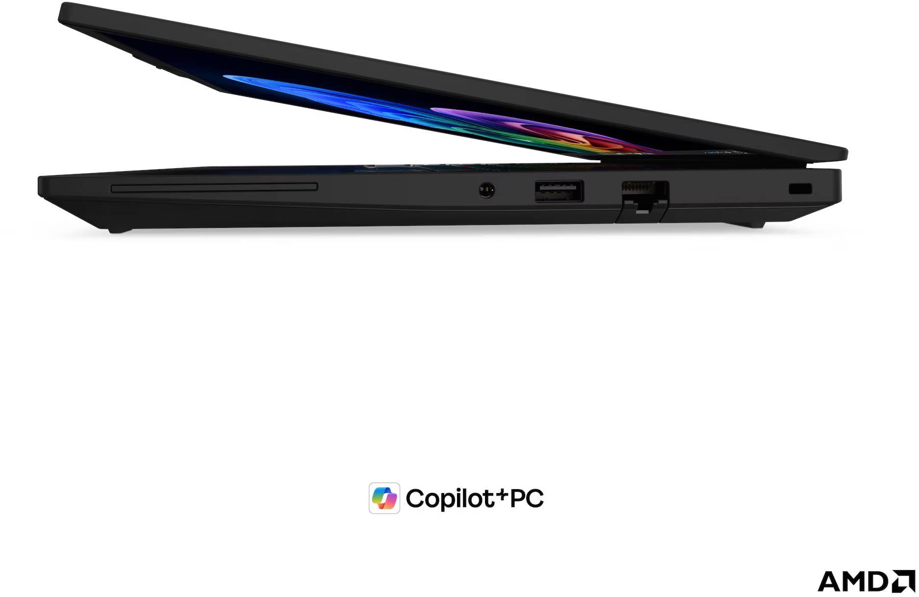 Seitenansicht eines offenen schwarzen Laptops mit einem farbenfrohen Bildschirm, mit 