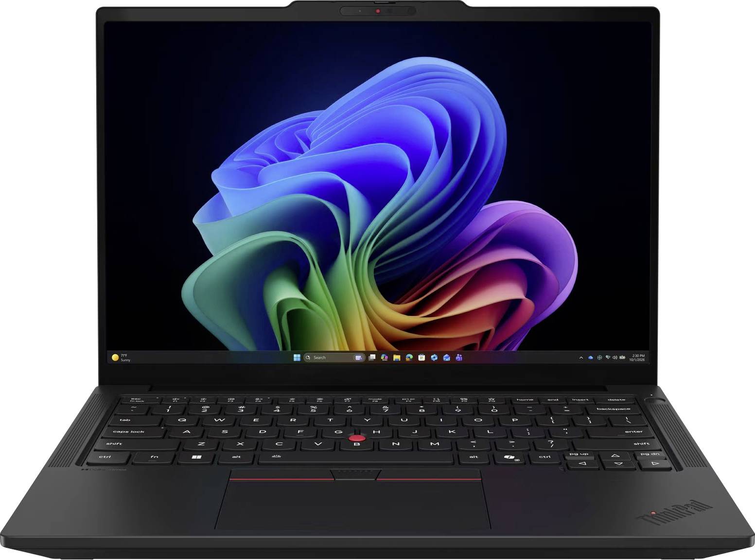 Schwarzes Lenovo ThinkPad-Laptop, offen und nach vorne ausgerichtet, zeigt ein buntes, abstraktes Windows-ähnliches Hintergrundbild auf dem Bildschirm.