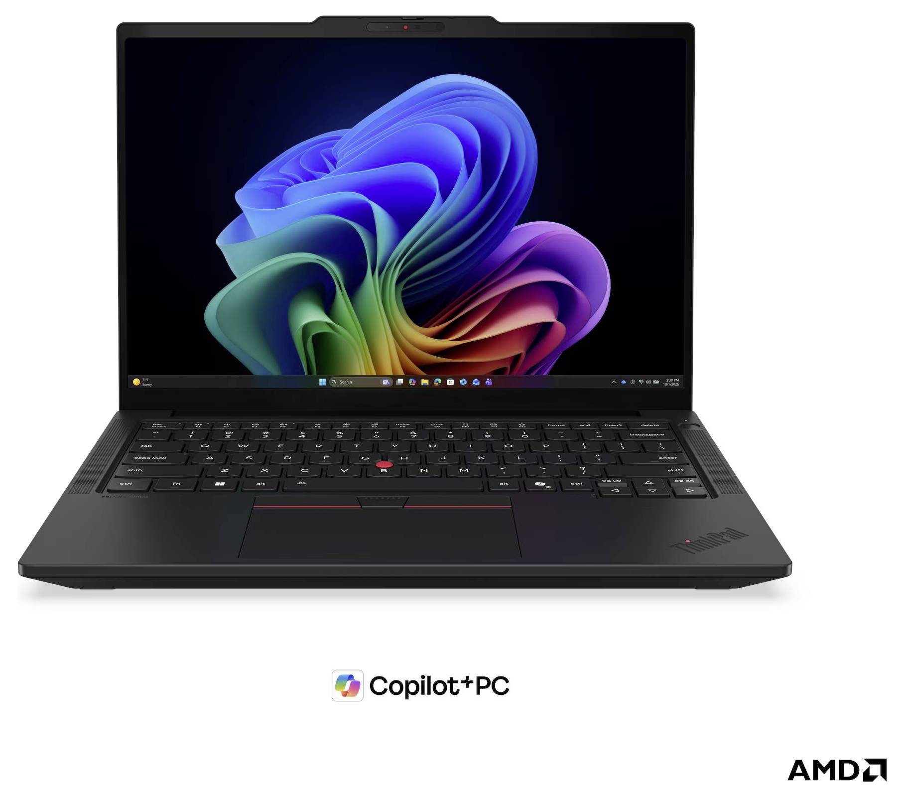 Black ThinkPad Laptop auf weißem Hintergrund offen, mit buntem Windows 11 abstraktem Hintergrundbild auf dem Bildschirm, mit „Copilot+ PC