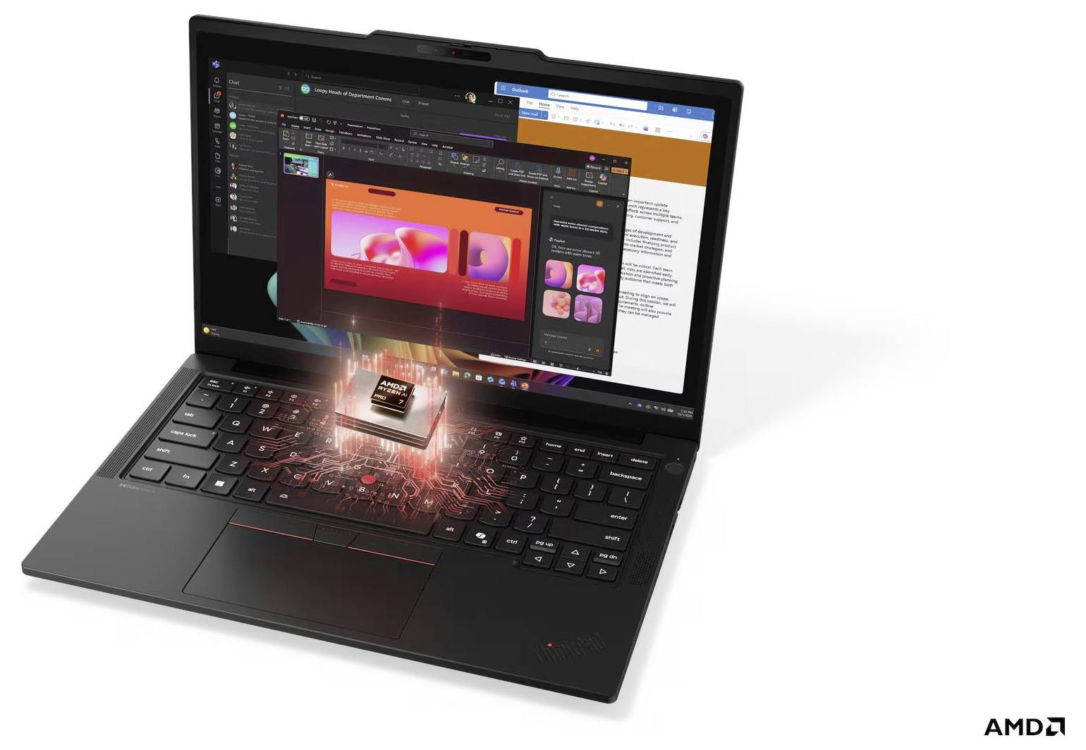 Ein Laptop mit einem AMD-Prozessor, der als leistungsstark dargestellt wird, mit Grafiken und App-Fenstern auf dem Bildschirm und einem leuchtenden Chip über der Tastatur.
