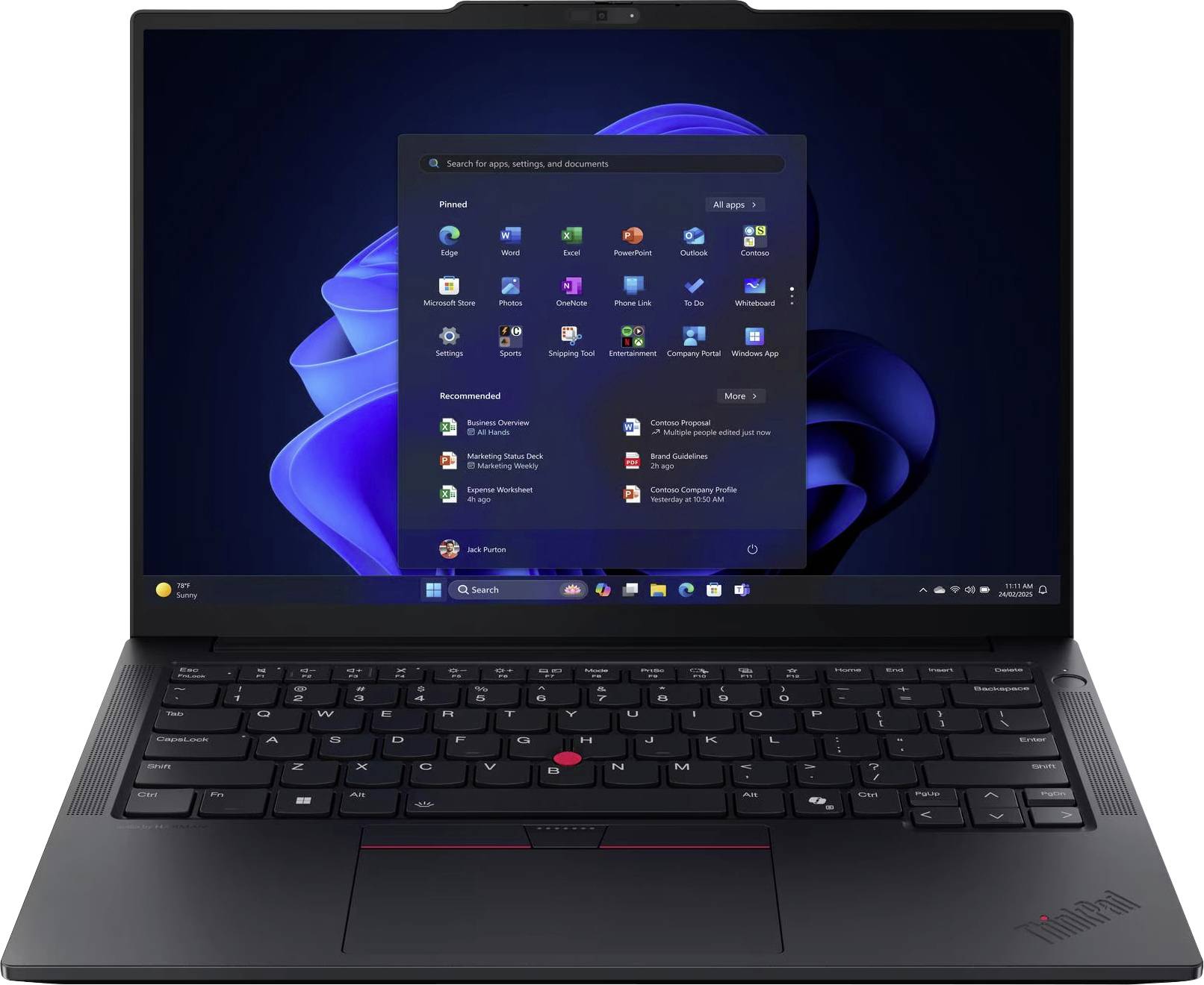 Schwarzer Lenovo ThinkPad-Laptop, der den Windows-11-Desktop und das Startmenü mit geöffneten App-Symbolen auf dem Bildschirm zeigt.
