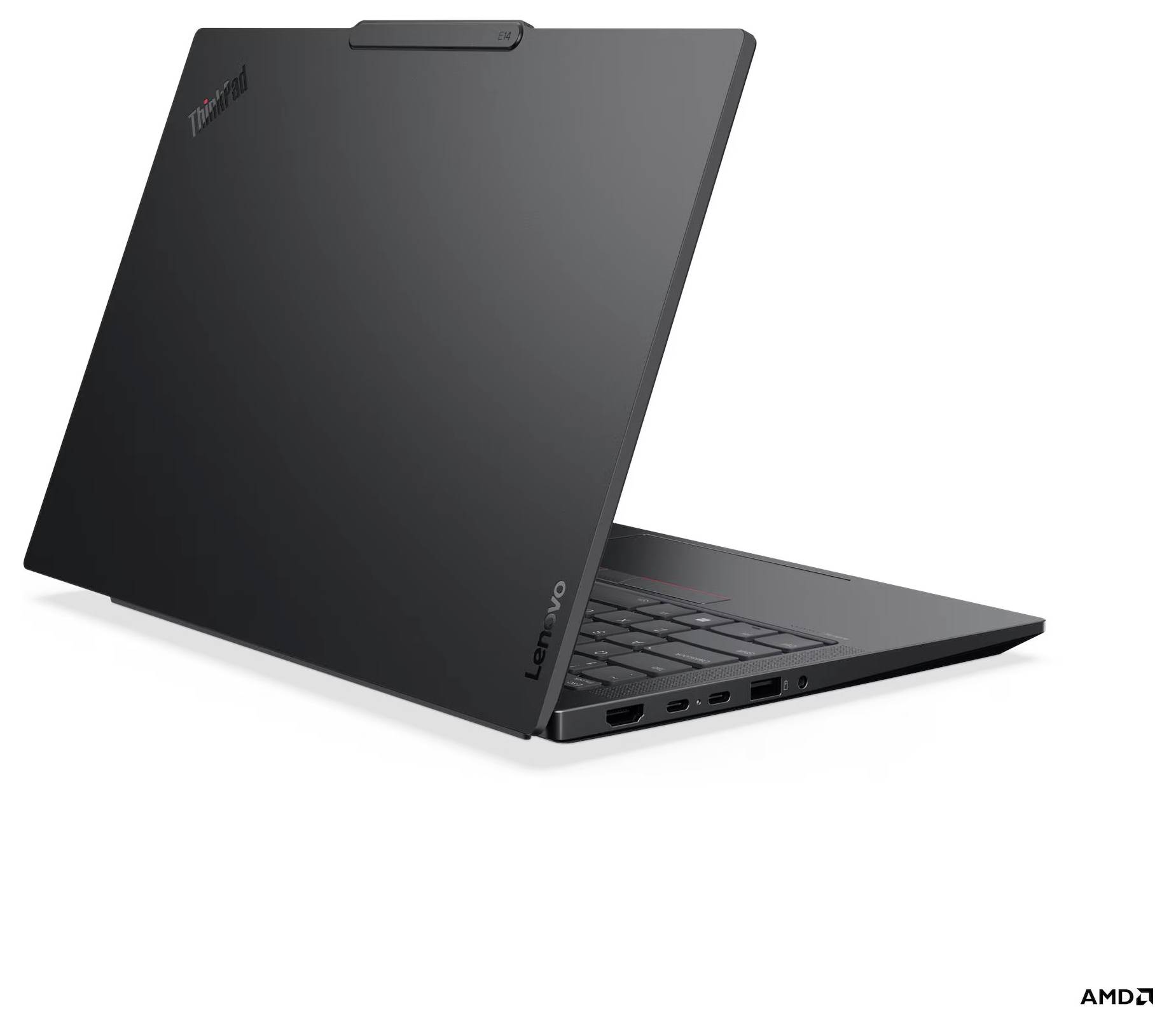 Dunkler Lenovo ThinkPad-Laptop, teilweise geöffnet auf weißem Hintergrund, mit sichtbarem AMD-Branding.