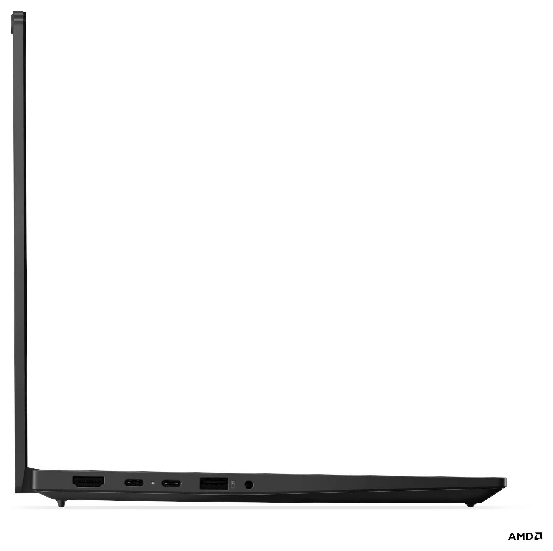 Schwarzer AMD-Laptop in Seitenansicht geschlossen dargestellt, mit erhobener hinterer Scharnierung und sichtbaren Anschlüssen entlang der linken Kante.