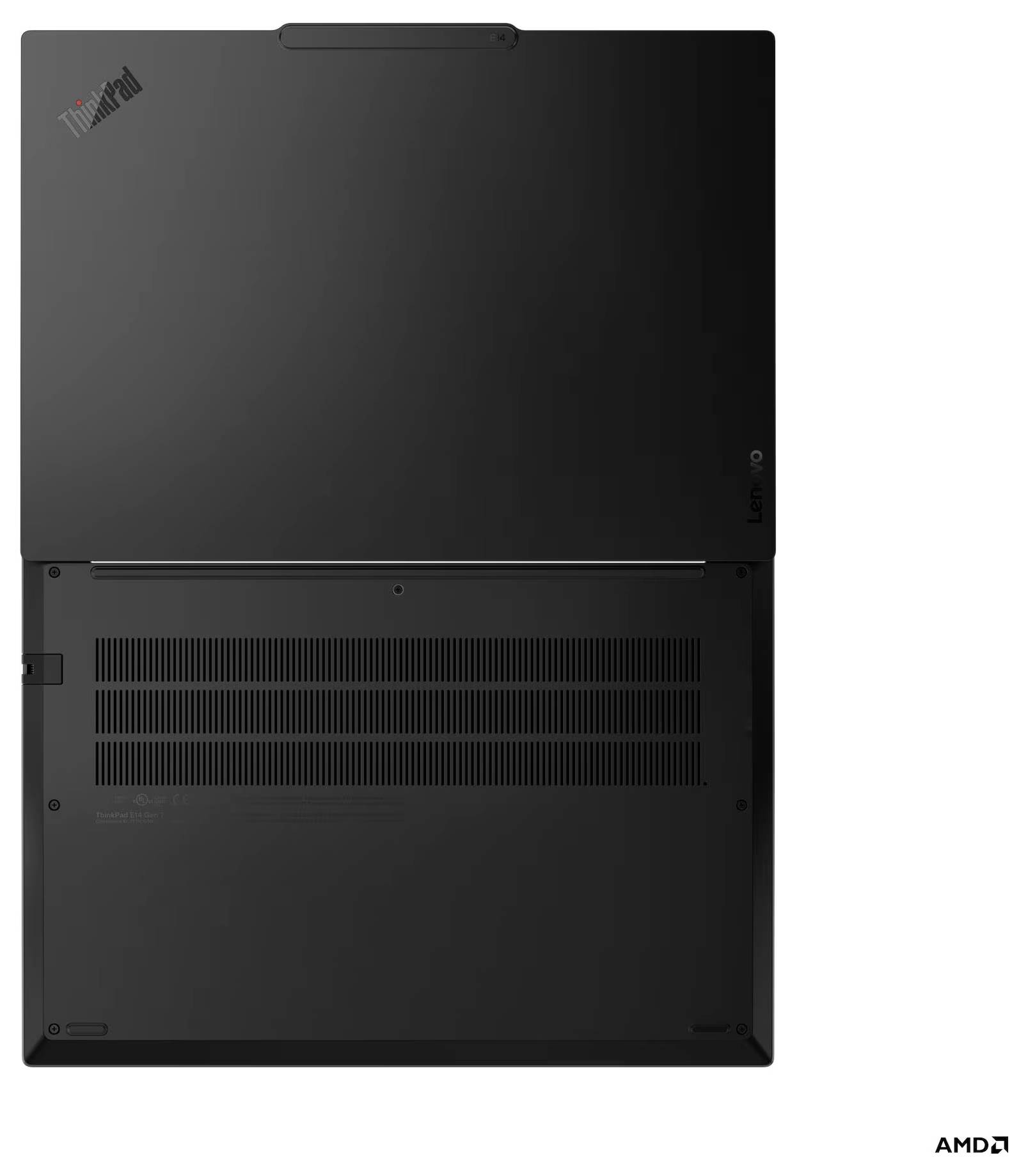 Rückansicht eines schwarzen Lenovo ThinkPad-Laptops, der Lüftungsgitter und Anschlüsse zeigt, mit dem AMD-Logo in der Ecke.