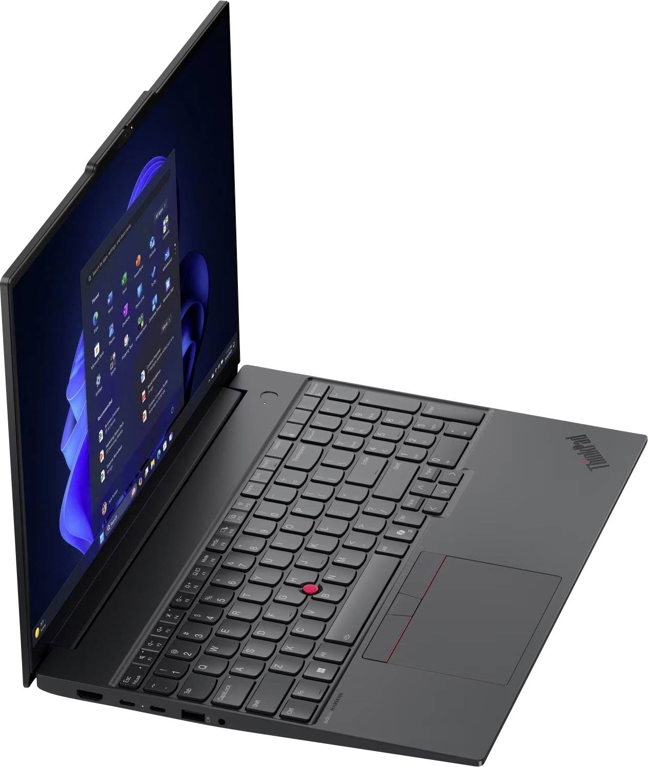 Lenovo ThinkPad Laptop im angewinkelten Zustand auf weißem Hintergrund, zeigt die Tastatur, das Trackpad und den Windows-Desktop auf dem Bildschirm.