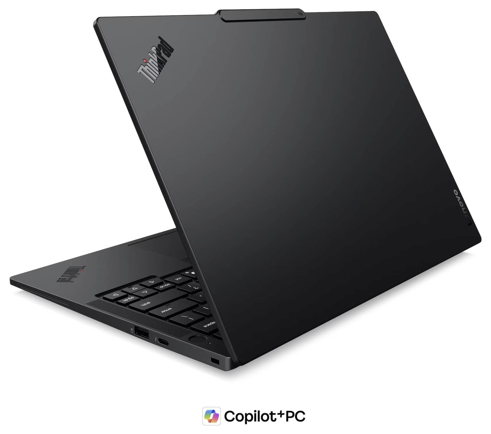 Schwarzer Lenovo ThinkPad-Laptop, teilweise geöffnet dargestellt, mit Copilot+ PC-Logo darunter.