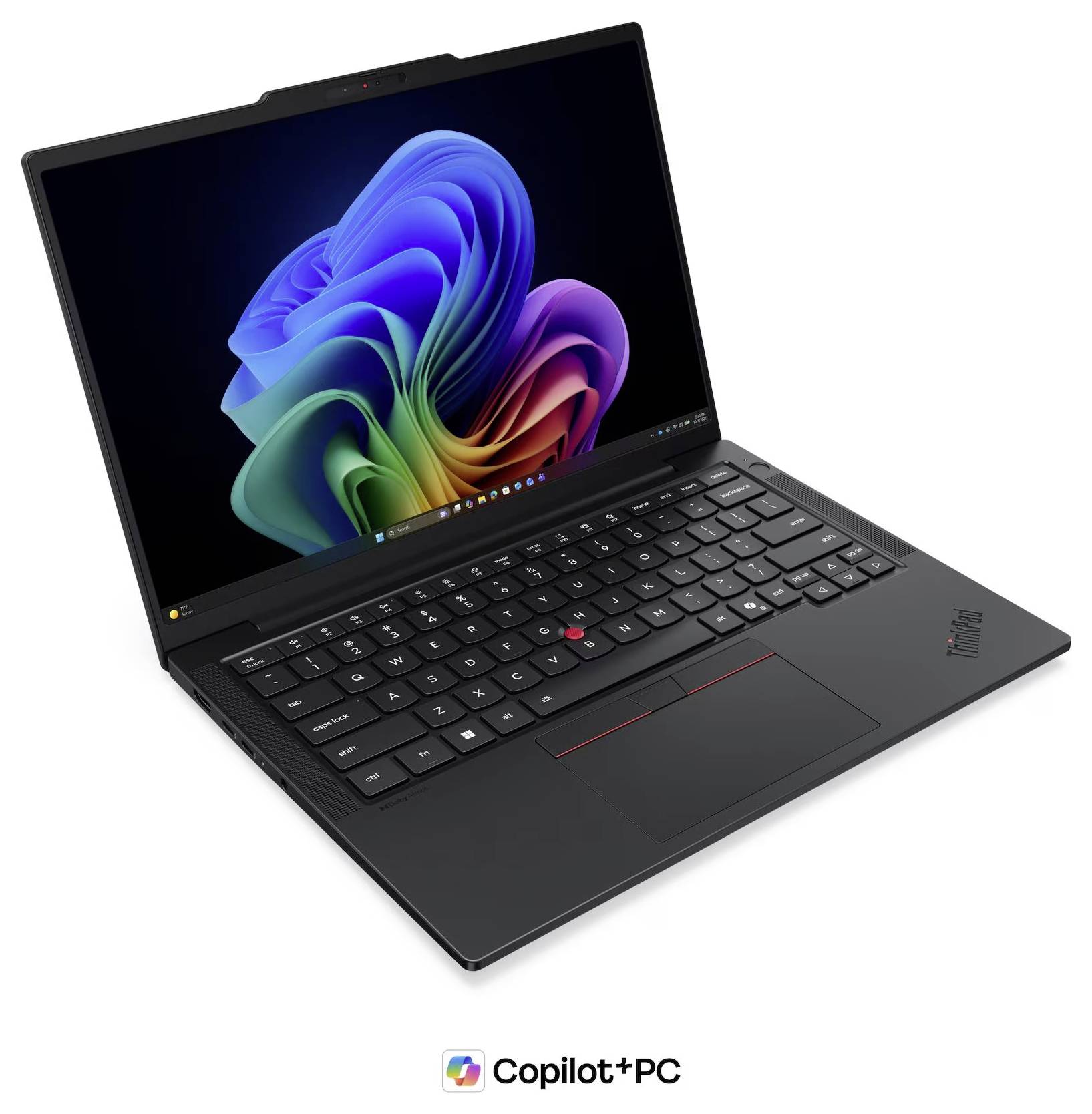 Schwarzer Lenovo-Laptop mit Windows 11 auf dem Bildschirm und dem Logo „Copilot+ PC