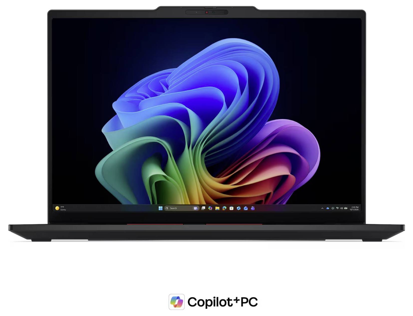 Laptop zeigt den Windows 11-Desktop mit farbenfrohem abstraktem Wirbel-Hintergrundbild und 