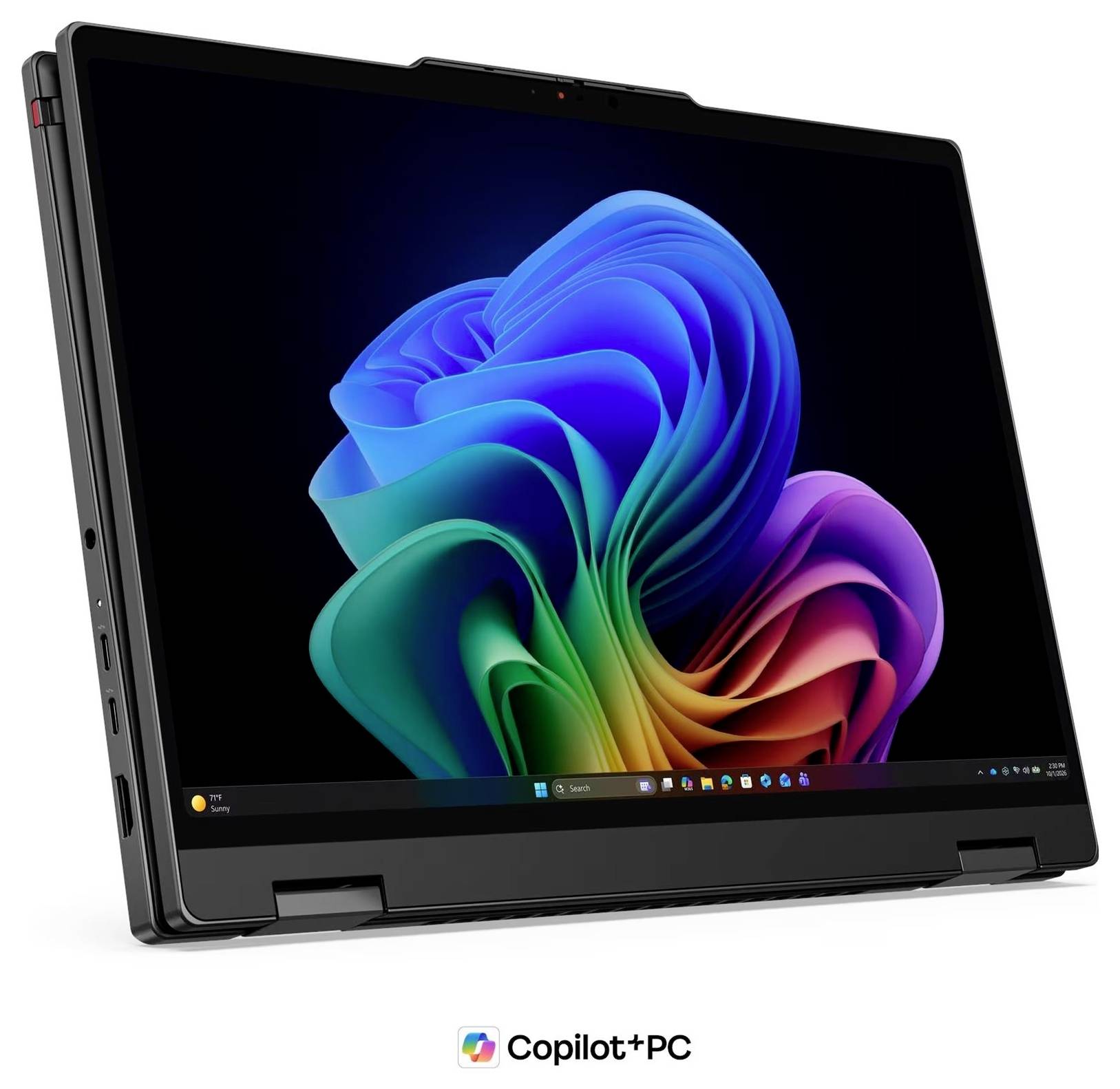 Ein 2-in-1-Laptop/Tablet zeigt ein farbenfrohes abstraktes Windows-ähnliches Hintergrundbild auf einem schwarzen Bildschirm an, mit 