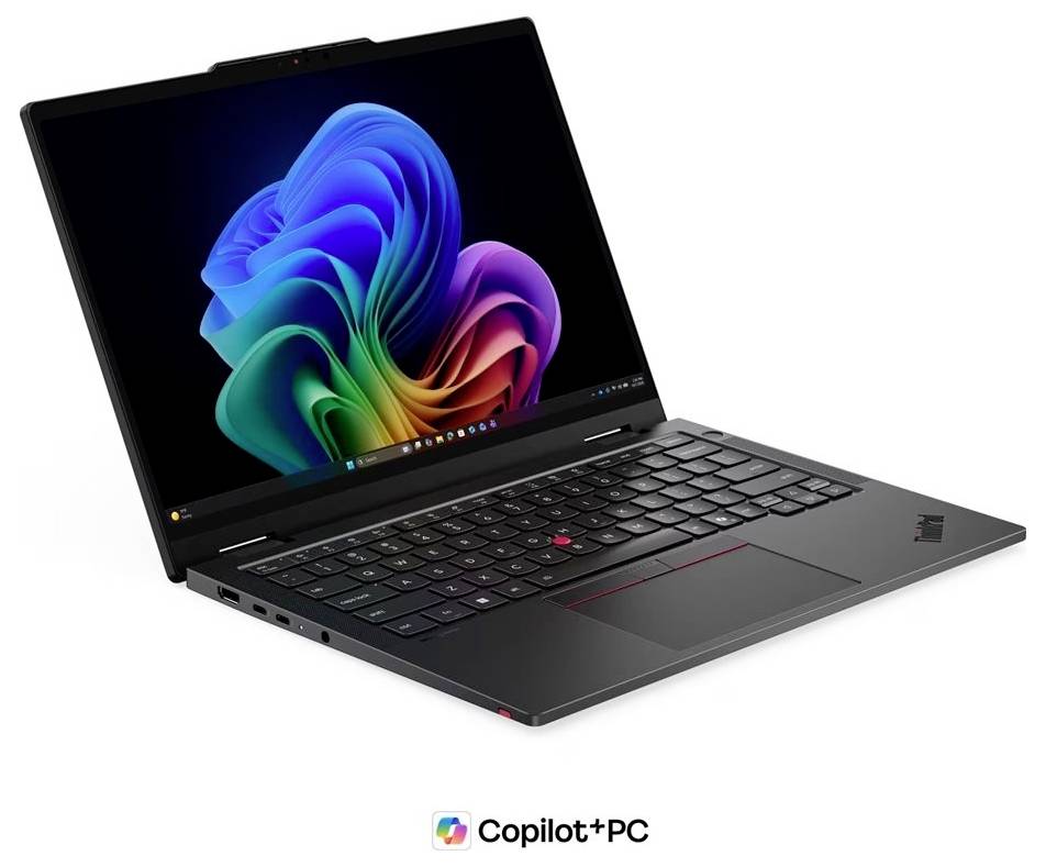 Schwarzer Lenovo ThinkPad-Laptop im angewinkelten Zustand geöffnet, zeigt ein buntes Windows-ähnliches Hintergrundbild und 