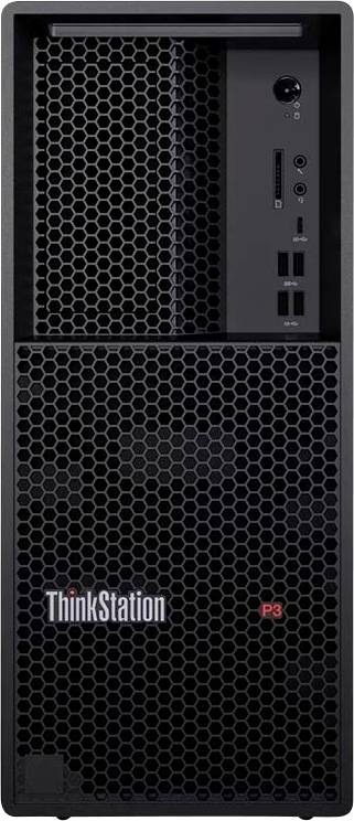 Frontansicht einer Lenovo ThinkStation P3 Tower-Workstation mit sechseckigem Gitterfeld-Frontpanel und vorderen Anschlüssen auf der rechten Seite