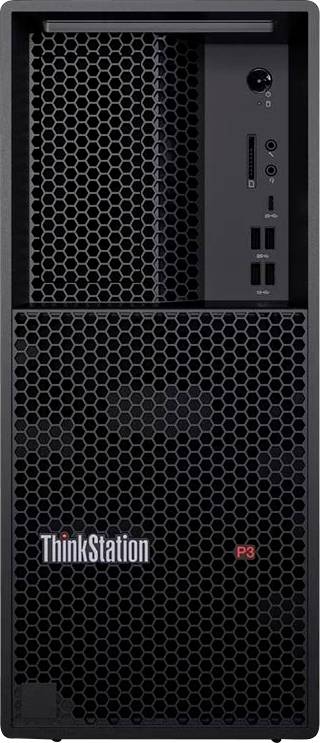 Vorderansicht eines Lenovo ThinkStation P3 Desktop-Towers mit schwarzem Wabenfront-Gitter und Anschlüssen auf der Frontseite sowie Ein-/Ausschalter.