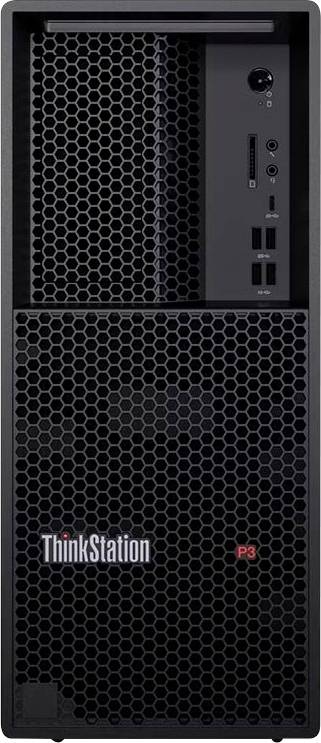 Frontansicht eines Lenovo ThinkStation P3 Desktop-Towers mit Wabenlüftungsgitter und vorderen I/O-Anschlüssen.