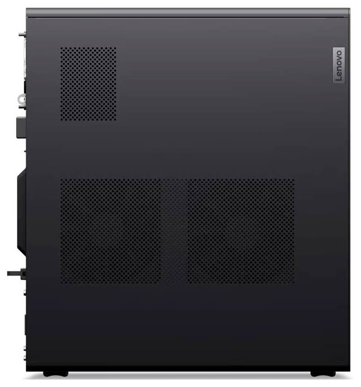 Vorderansicht eines Lenovo ThinkStation Desktop-Turms mit schwarzem sechseckigem Gitter, rotem Rand und vorderen USB-/Audioanschlüssen.