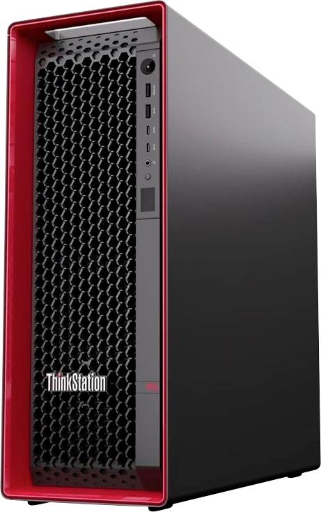 Vorderansicht eines Lenovo ThinkStation-Desktop-Turms mit schwarzem Wabengitter und rotem Trim auf weißem Hintergrund.