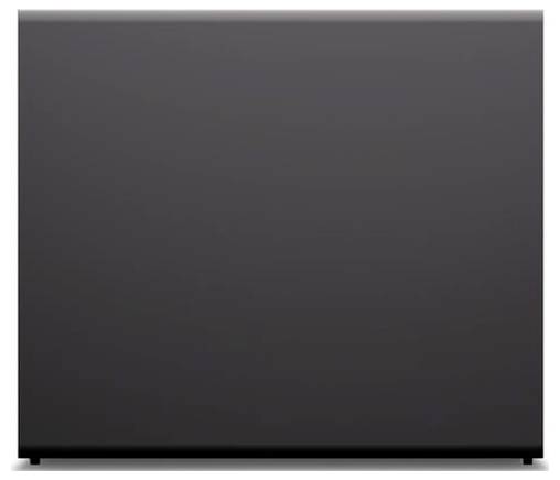 Schwarzes Lenovo-Desktop-Turmgehäuse in seitlicher Ansicht vor weißem Hintergrund.