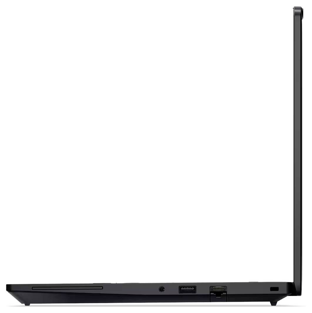 Seitenansicht eines dünnen schwarzen Laptops, das hochgeklappte Display und die Anschlüsse an der linken Seite auf weißem Hintergrund zeigend.