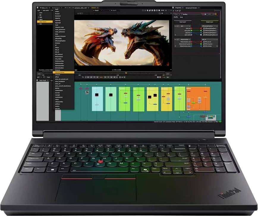 Ein ThinkPad-Laptop, auf dem eine Fotobearbeitungsoberfläche angezeigt wird, mit zwei sich gegenüberstehenden Drachenkopfen über einer farbenfrohen Zeitleiste oder einem Diagramm.