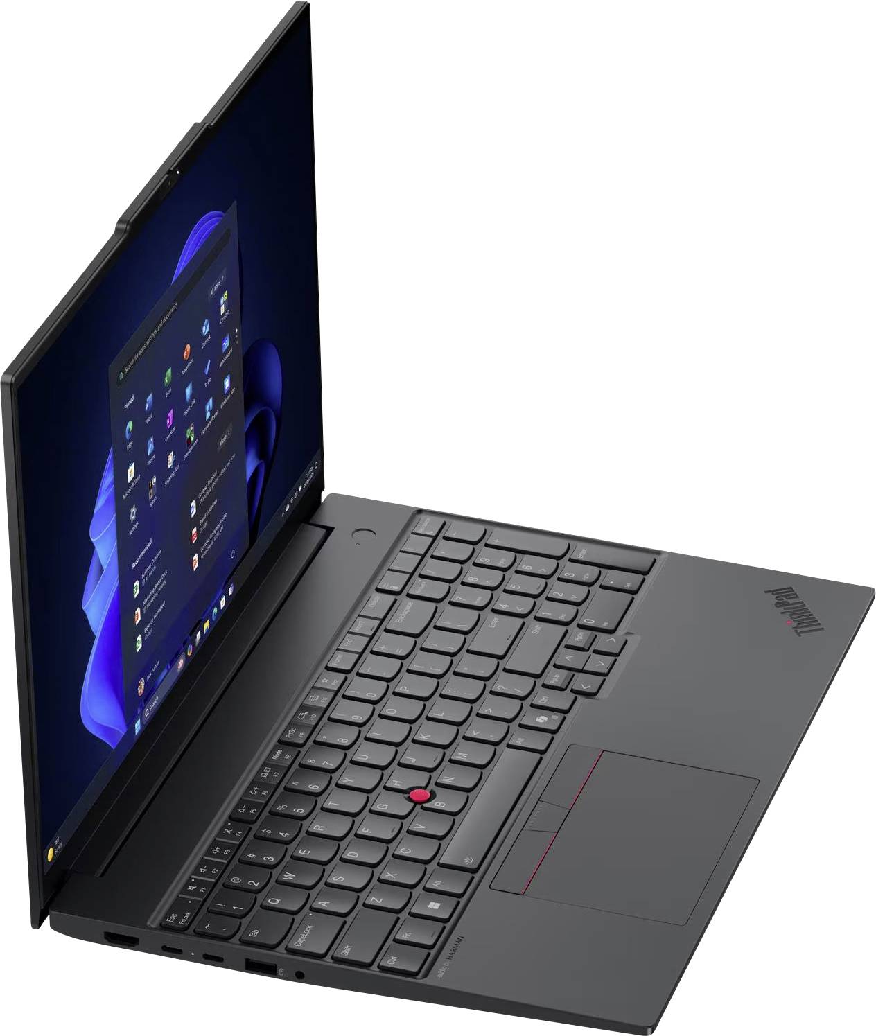 Schwarzer ThinkPad-Laptop in schräger Position geöffnet, zeigt die Tastatur, den roten TrackPoint, das Touchpad und den Windows-Desktop auf dem Bildschirm.