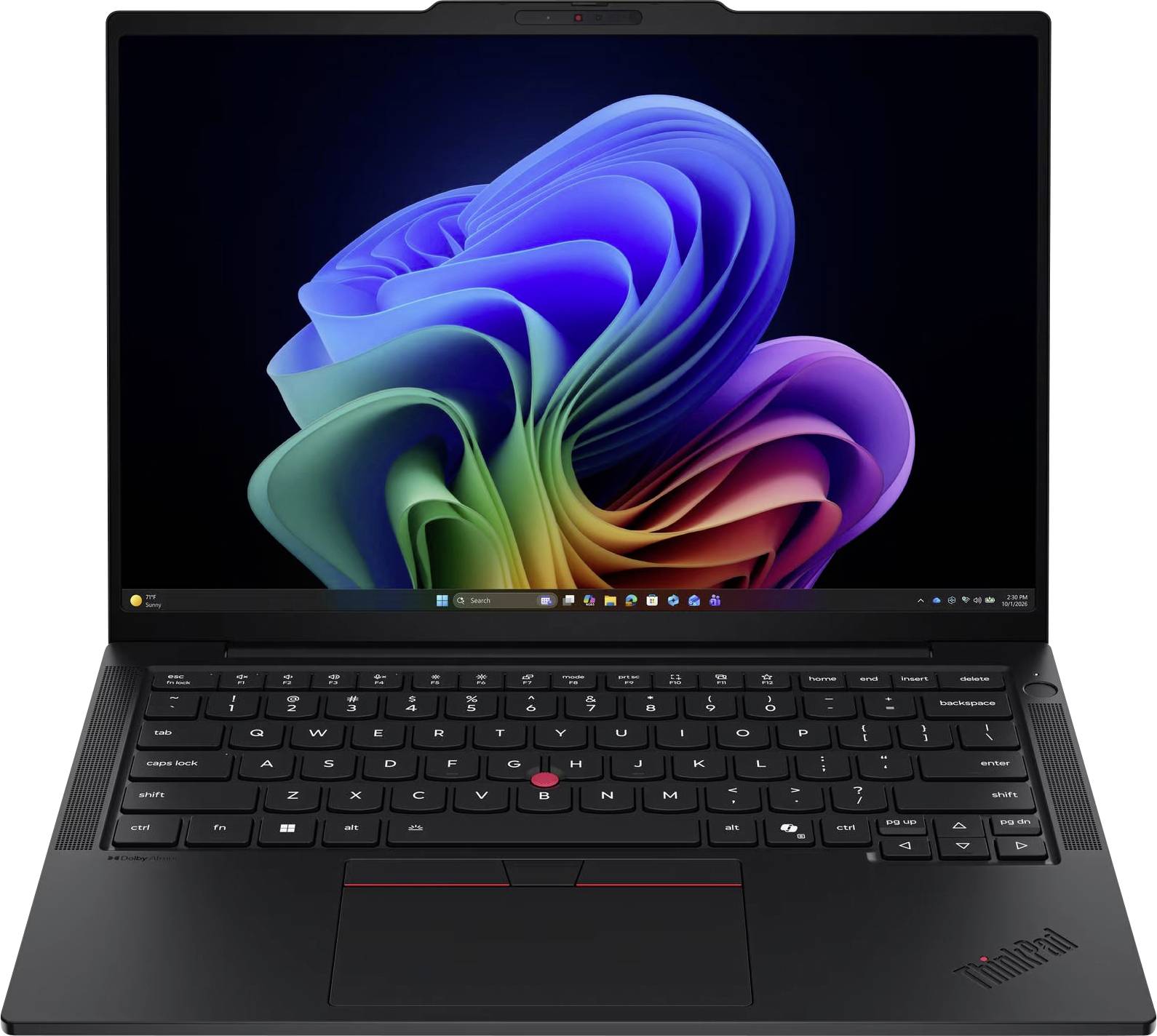 Schwarzes ThinkPad-ähnliches Laptop, das auf einem Windows-Desktop mit farbenfrohester abstrakter Tapete offen ist, Tastatur und zentriertes Trackpad sind sichtbar.