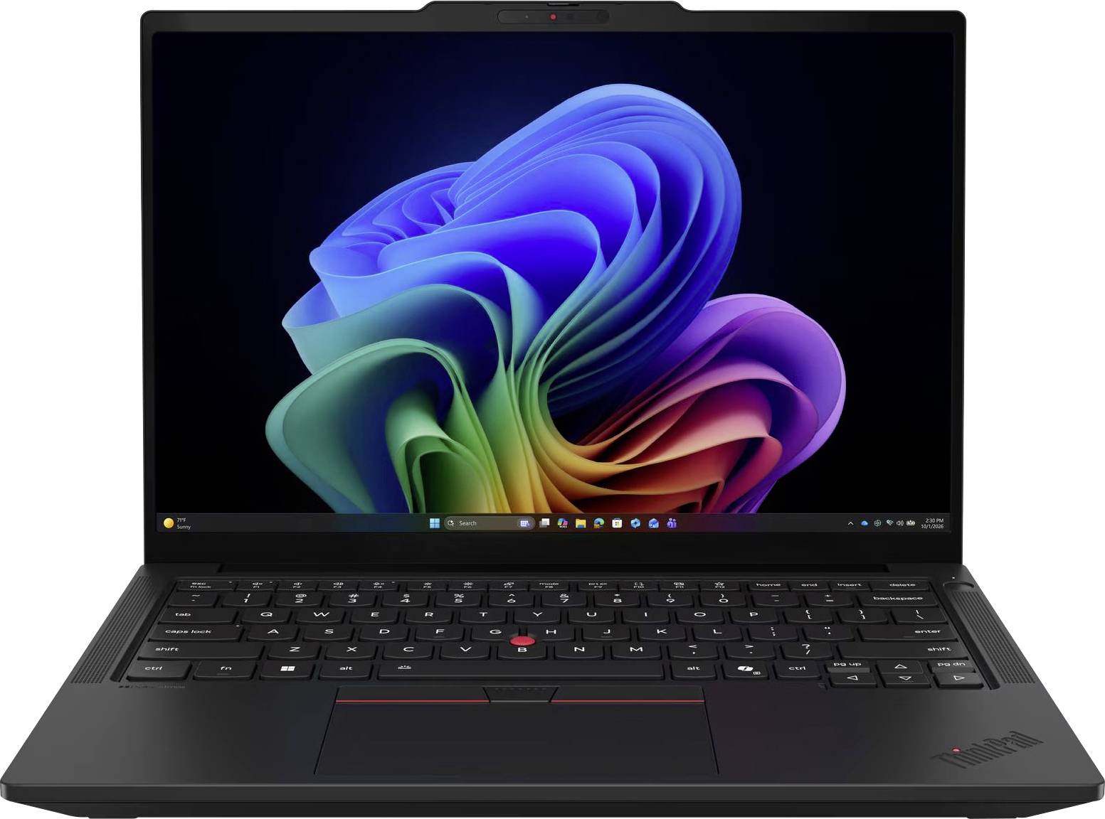 Ein schwarzes Lenovo ThinkPad Laptop, das offen und eingeschaltet ist und zeigt ein farbenfrohes abstraktes Windows-Hintergrundbild auf dem Bildschirm.