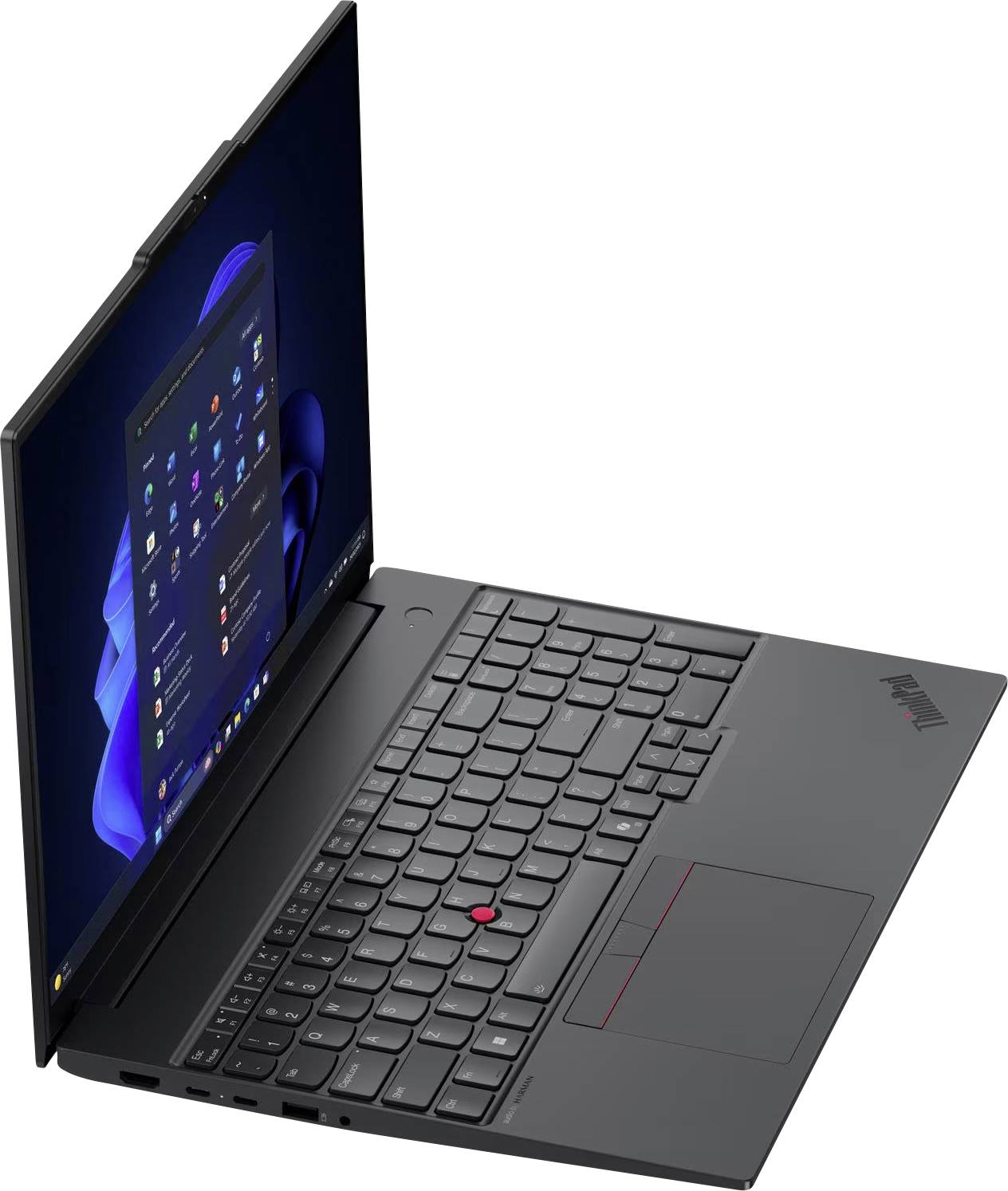 Offenes schwarzes Lenovo ThinkPad Laptop mit angezeigtem Windows Desktop, Seitenansicht in Winkel auf weißem Hintergrund.