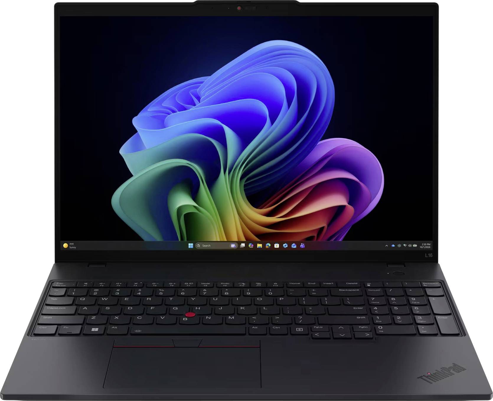 Schwarzer Lenovo ThinkPad-Laptop, geöffnet mit Windows 11-Desktop-Hintergrundbild auf dem Bildschirm angezeigt.