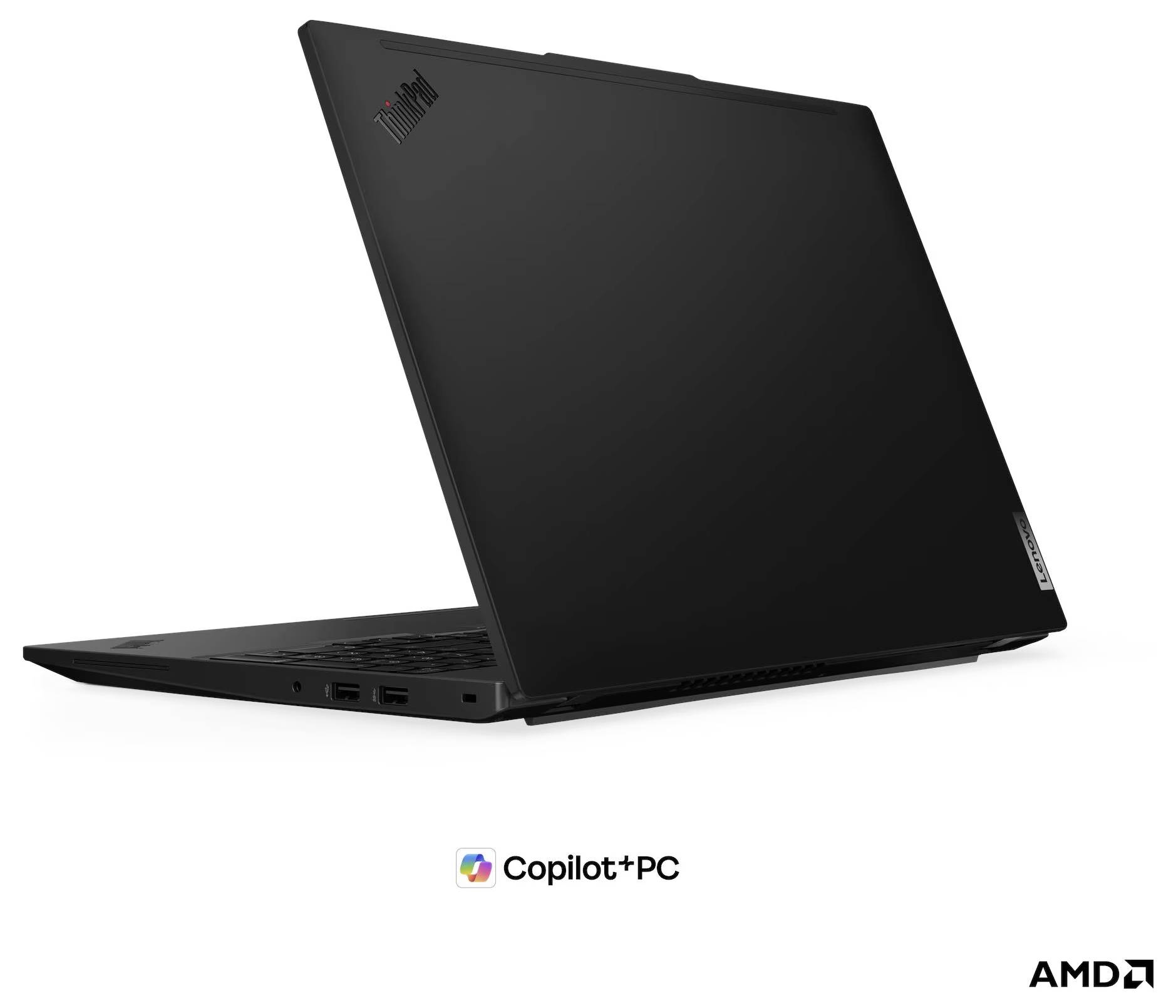 Schwarzer Lenovo ThinkPad-Laptop von hinten geschlossen dargestellt, mit Copilot+PC und AMD-Branding darunter.