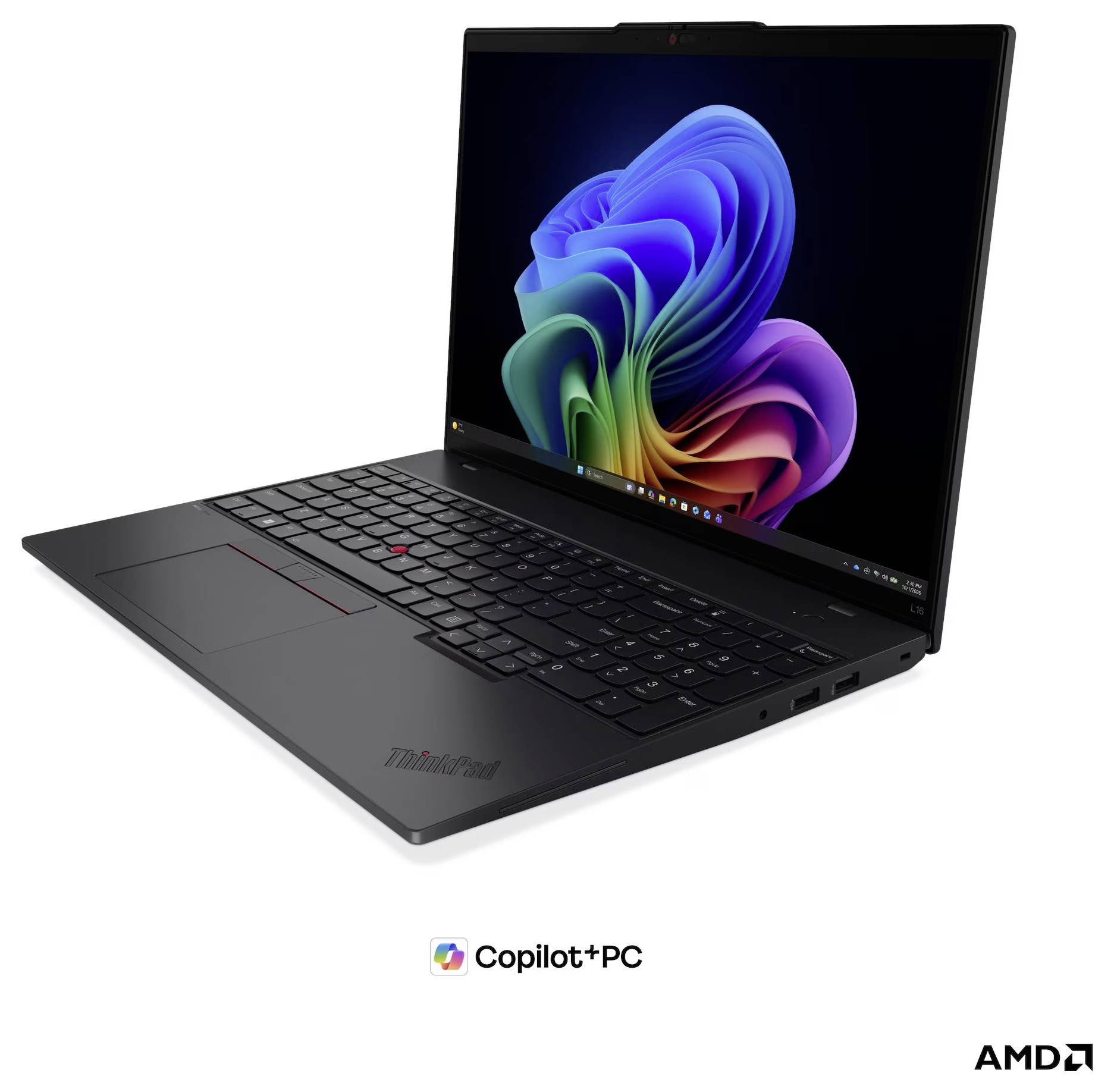 Schwarzer Lenovo ThinkPad Laptop, der die Windows 11 Hintergrund anzeigt, mit Copilot+ PC und AMD Logos darunter.