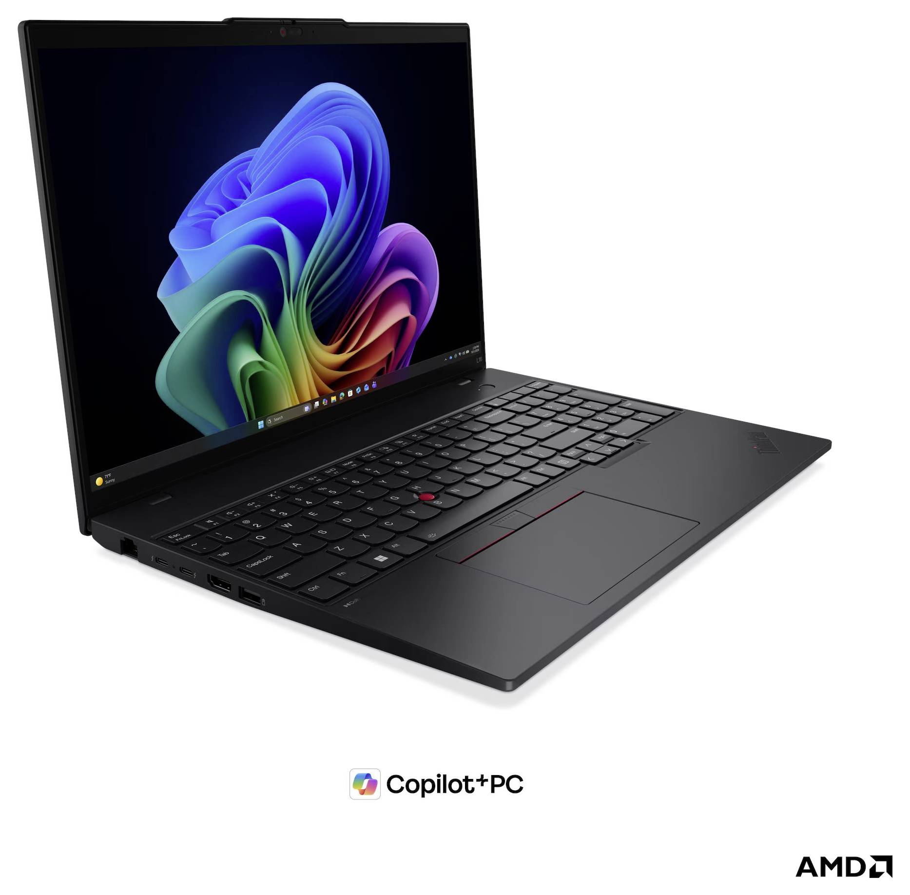 Schwarzer Lenovo ThinkPad Laptop schräg geöffnet mit Windows 11 Hintergrundbild; Copilot+ PC und AMD Logos darunter.