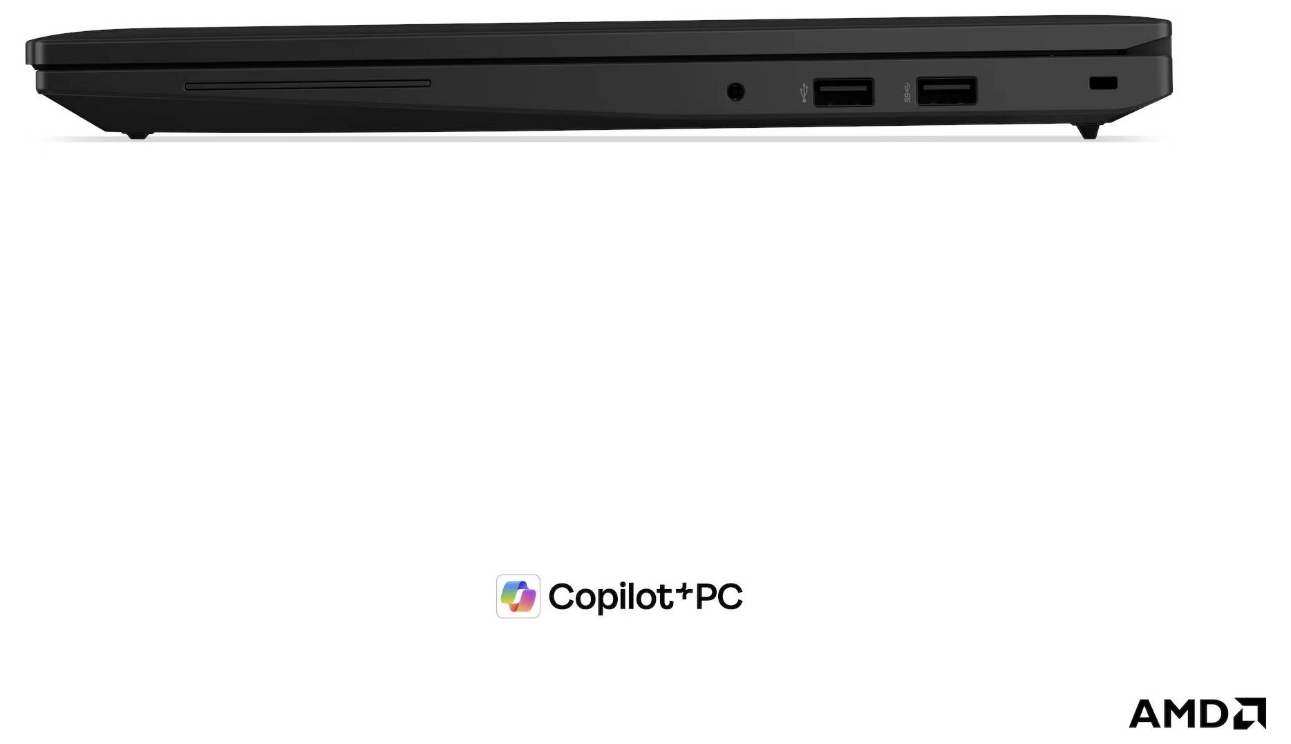 Seitenansicht eines dünnen schwarzen Laptops mit zwei USB-Anschlüssen und einer Strombuchse, mit 
