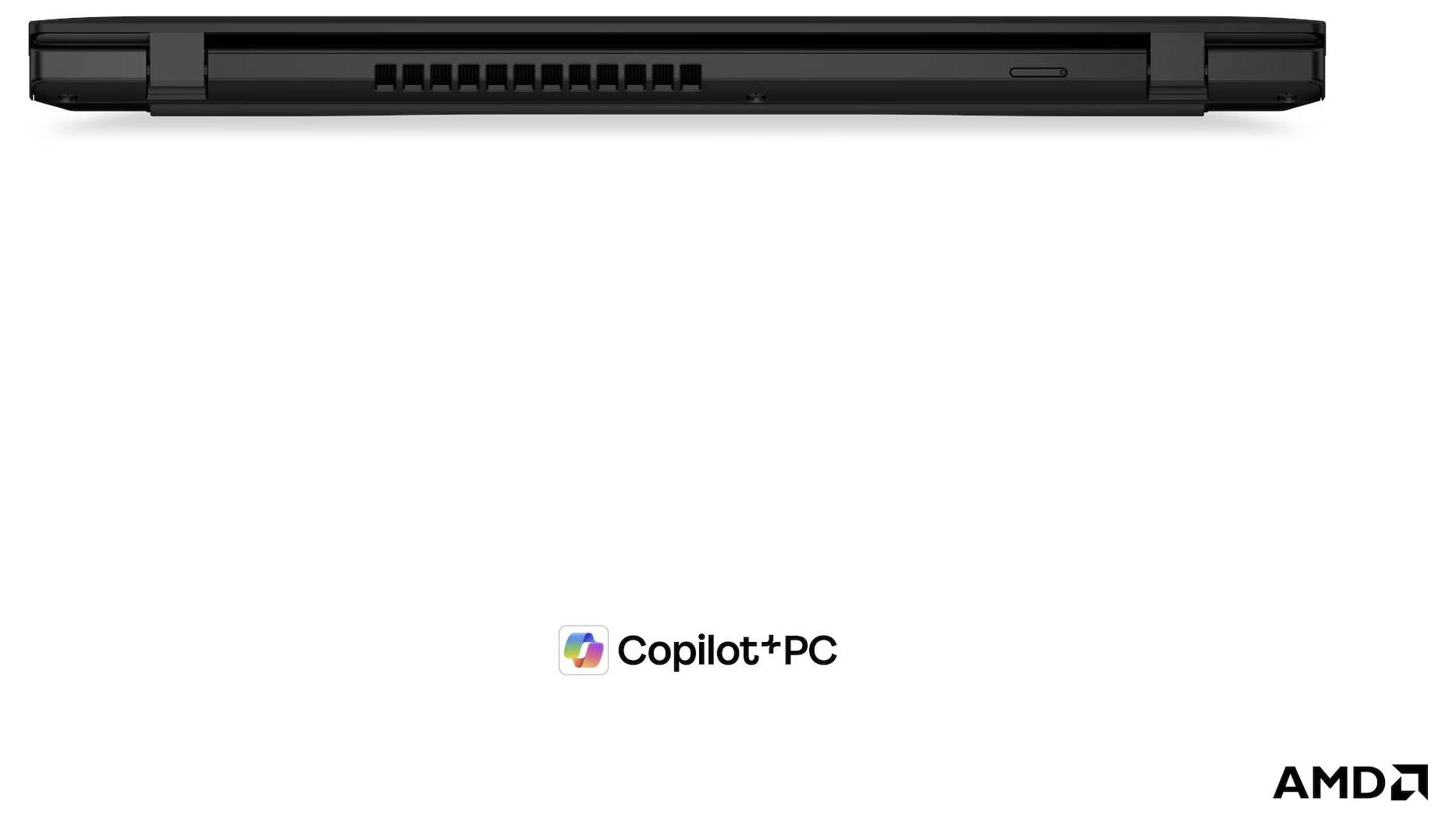 Dünner schwarzer Laptop in geschlossenem Zustand in Seitenansicht gezeigt, mit „Copilot+PC
