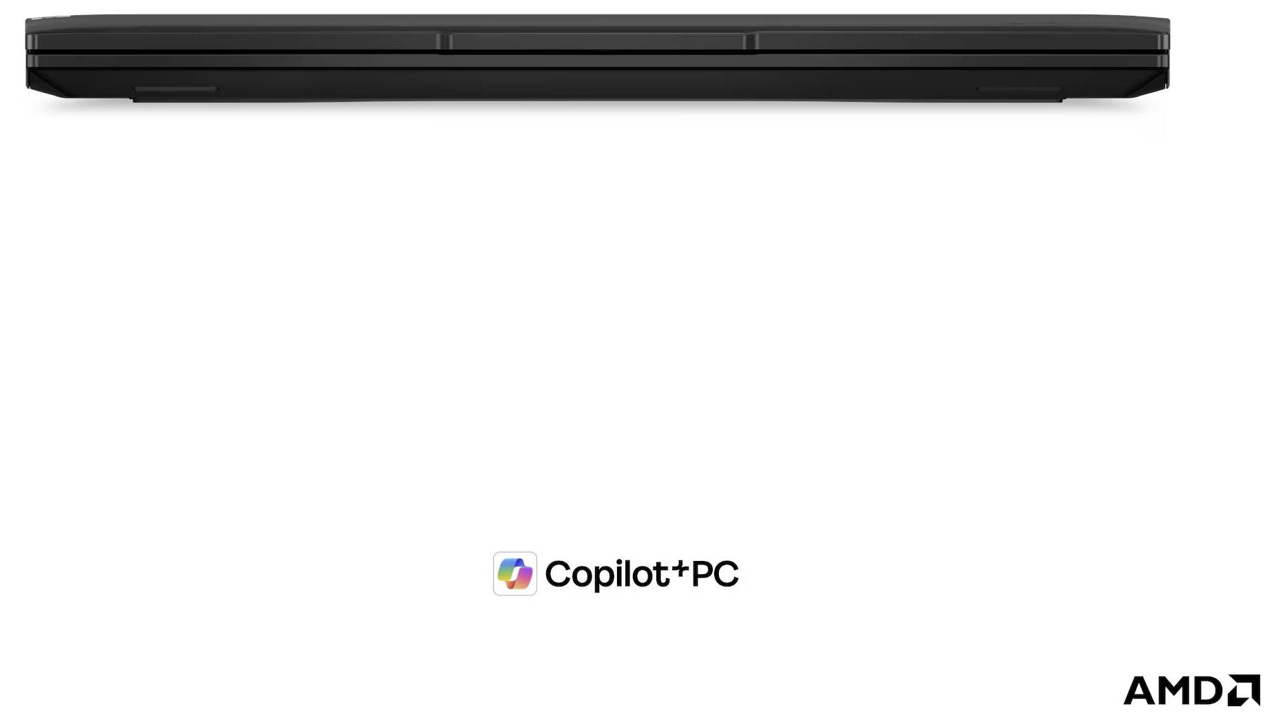 Schwarzer Laptop oben geschlossen dargestellt, mit den zentrierten Logos von Copilot+PC und AMD darunter auf weißem Hintergrund.