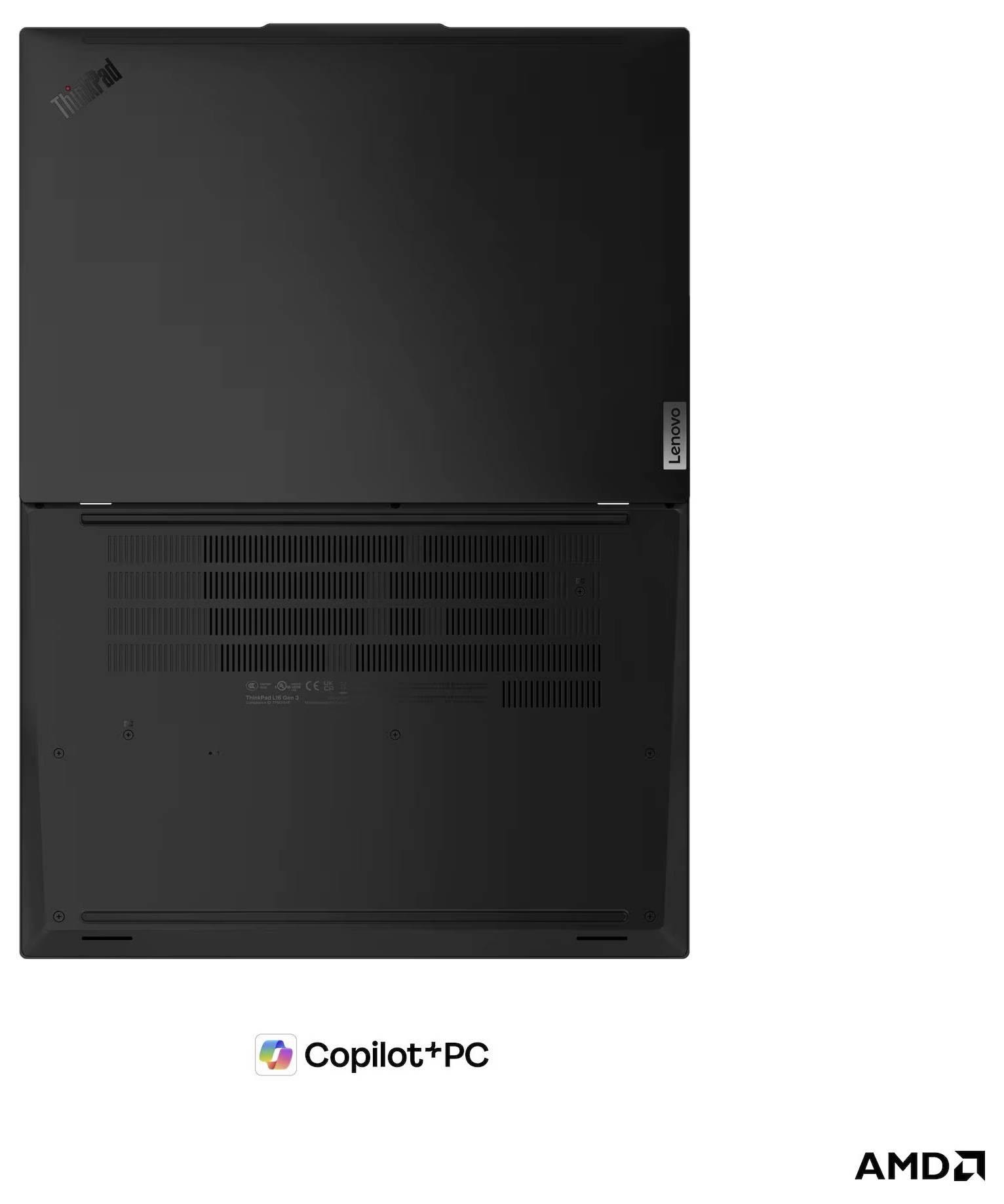 Rückansicht eines schwarzen Lenovo ThinkPad-Laptops mit Lüftungsgittern und Copilot+ PC- und AMD-Logos darunter.