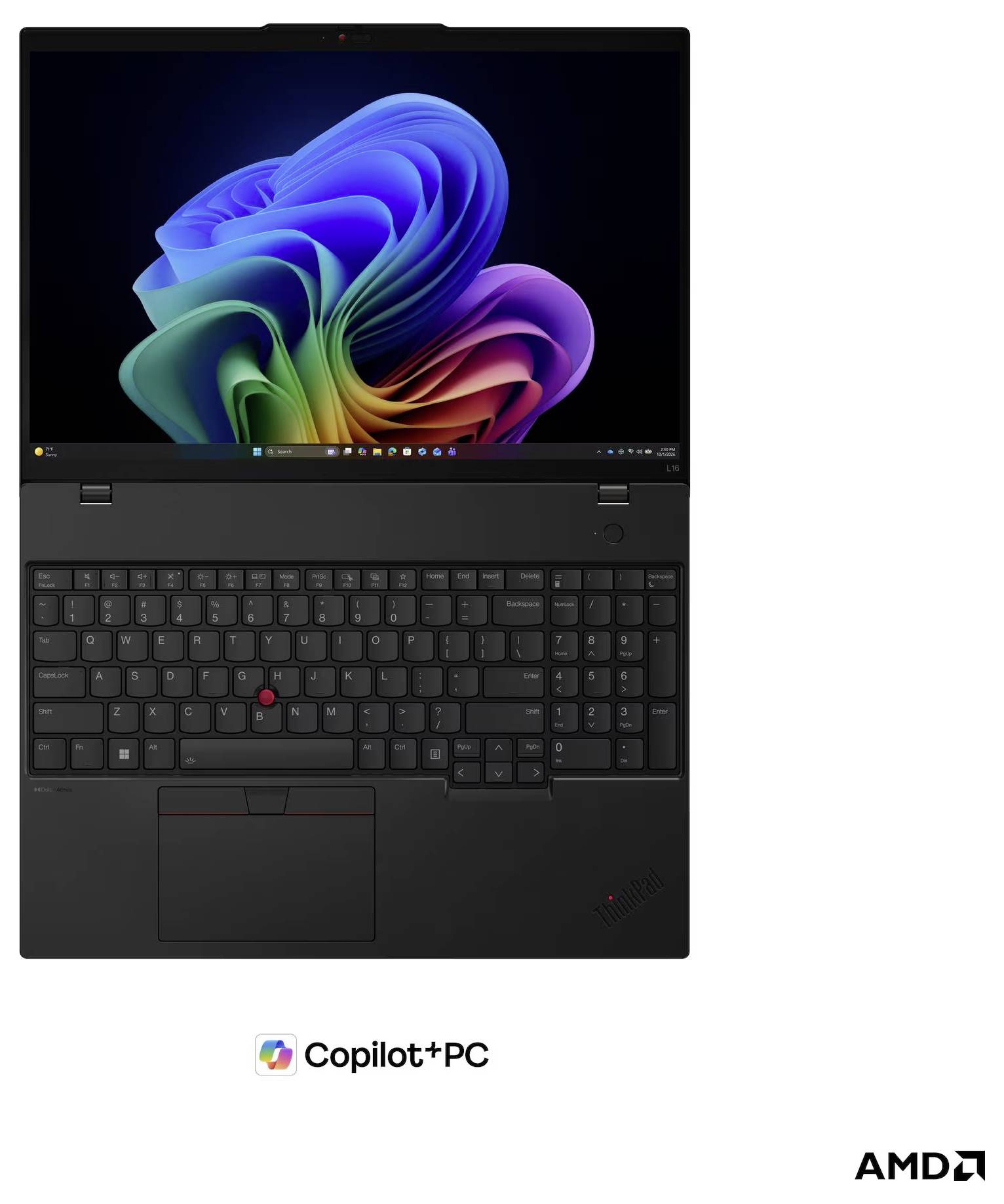 Schwarzer ThinkPad-Laptop mit Windows 11-Hintergrundbild und „Copilot+PC