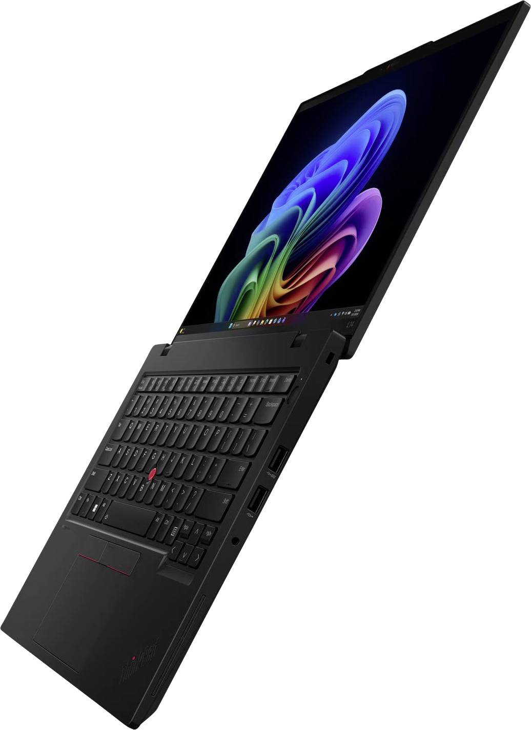 Schwarzer Lenovo ThinkPad-Laptop, schräg geöffnet dargestellt, mit einem farbenfrohen abstrakten Hintergrundbild auf dem Bildschirm.