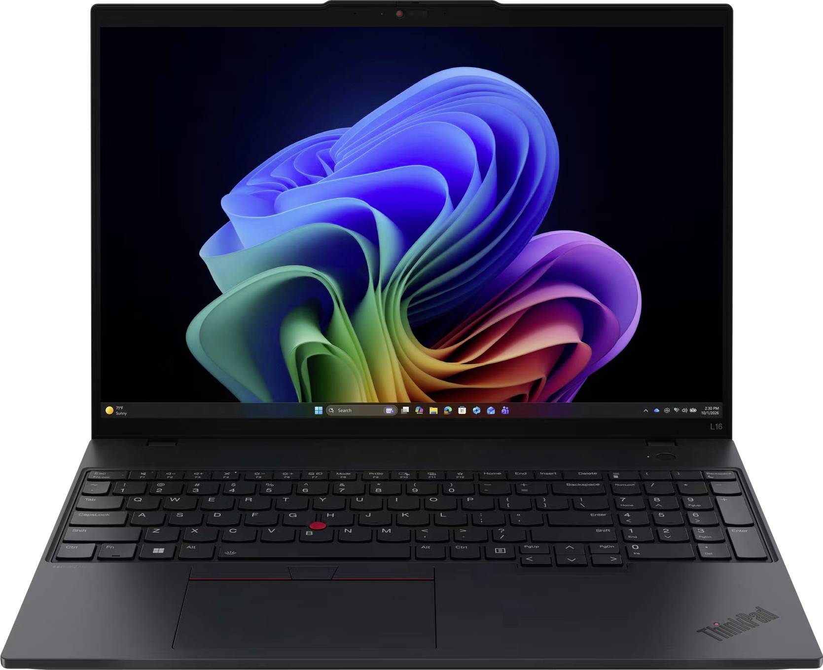 Schwarzer Lenovo ThinkPad-Laptop, geöffnet und frontal ausgerichtet, mit einem farbenfrohen abstrakten Windows-Hintergrundbild auf dem Bildschirm.