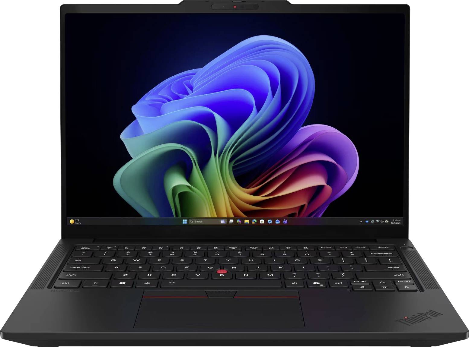 Offenes schwarzes ThinkPad-Laptop mit farbenfrohem abstraktem Windows-11-Hintergrundbild auf dem Bildschirm.