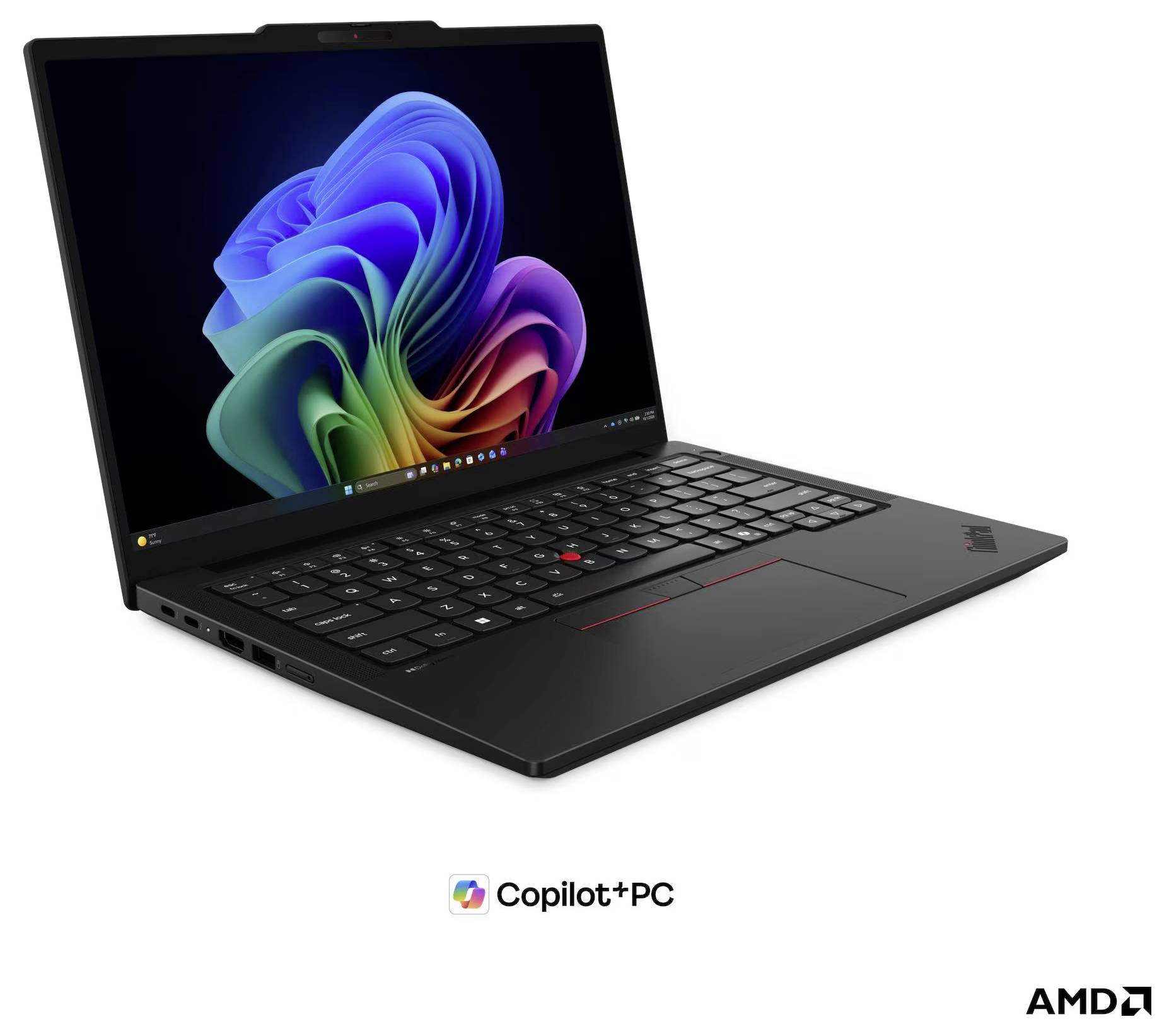 Schwarzes ThinkPad-Laptop, das offen mit buntem Windows-Hintergrundbild angezeigt wird, mit „Copilot+PC