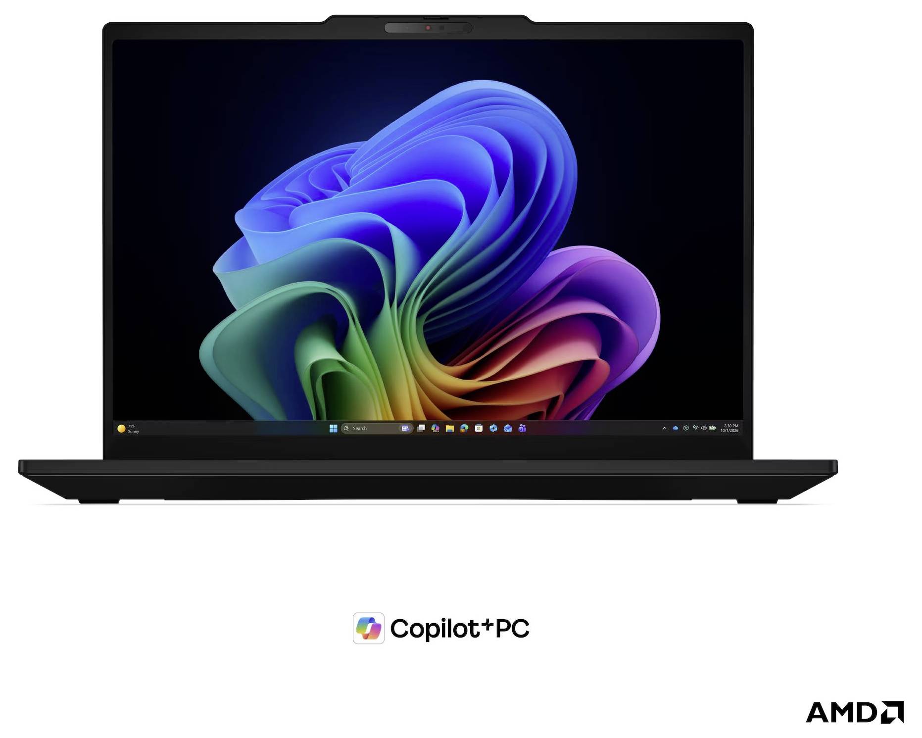 Ein Laptop, der eine farbenfrohe abstrakte Windows-artige Wirbeltapete anzeigt, mit dem Copilot+ PC-Logo und AMD-Branding darunter.