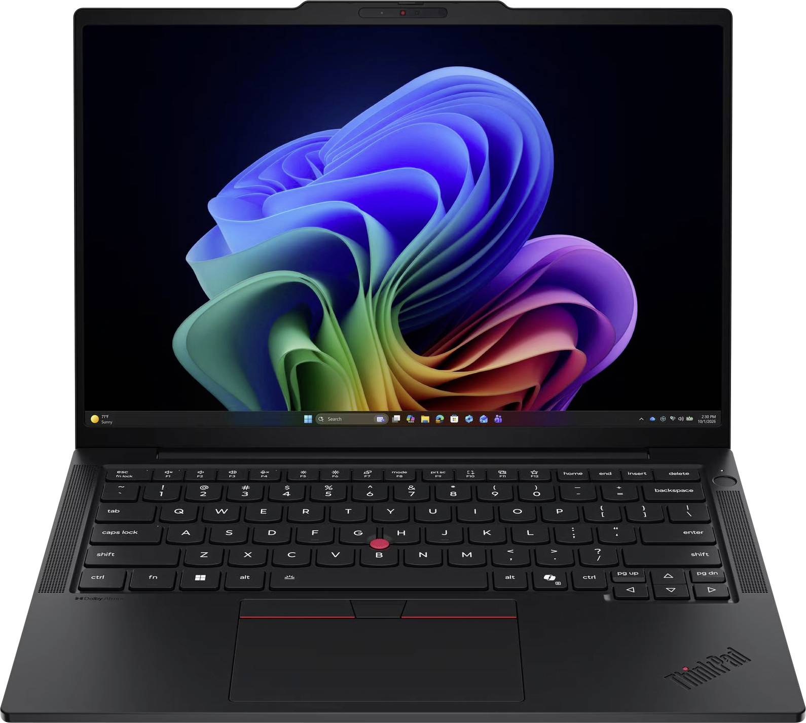Schwarzes ThinkPad-Laptop offen mit Windows-11-Hintergrundbild auf dem Bildschirm, zeigt Tastatur und Trackpad.