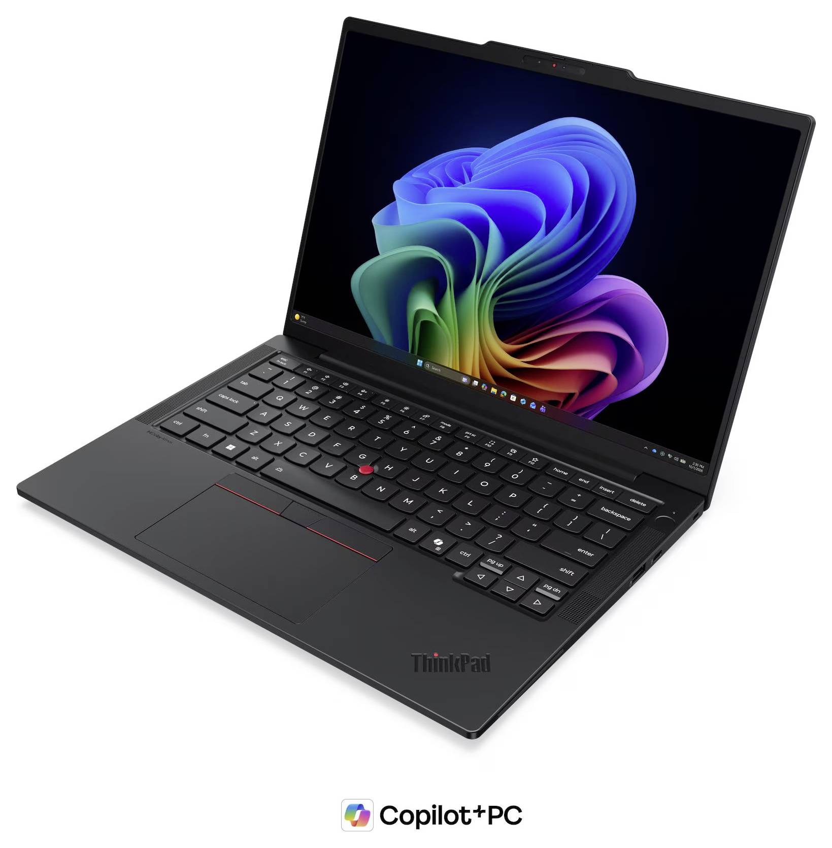 Schwarzer Lenovo ThinkPad-Laptop, in einem Winkel geöffnet, zeigt eine farbenfrohe abstrakte Windows-11-ähnliche Tapete an, mit Copilot+ PC-Logo darunter.