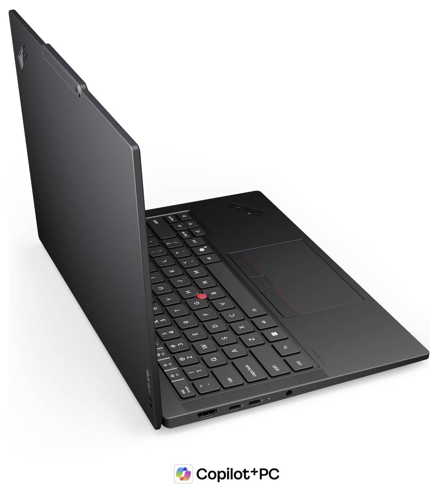 Schwarzer aufgeklappter Lenovo-Laptop in Dreiviertelperspektive mit 