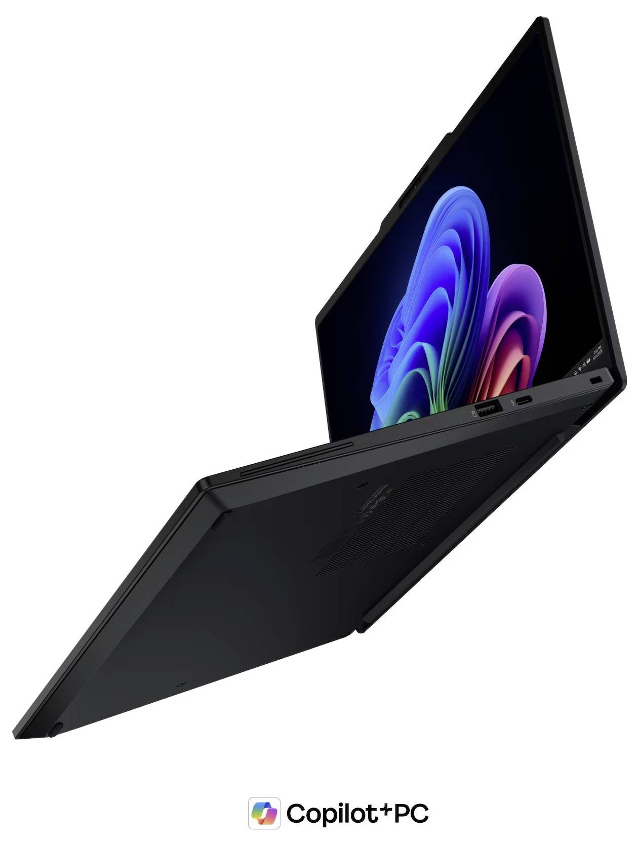Schwarzer 2-in-1-Laptop im Zeltmodus dargestellt mit farbenfrohem Windows-Bildschirm und Copilot+ PC-Logo darunter.