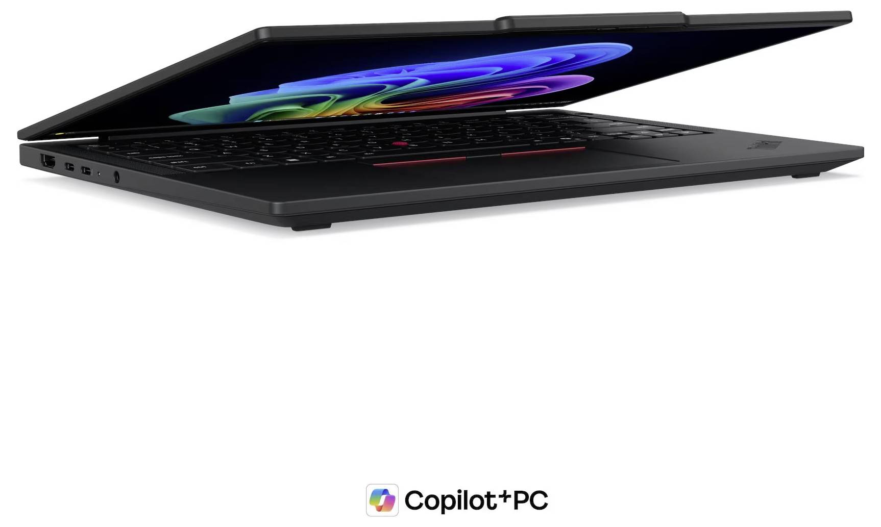 Laptop mit offener Anzeige, die einen farbenfrohen abstrakten Bildschirm zeigt, mit dem Logo 