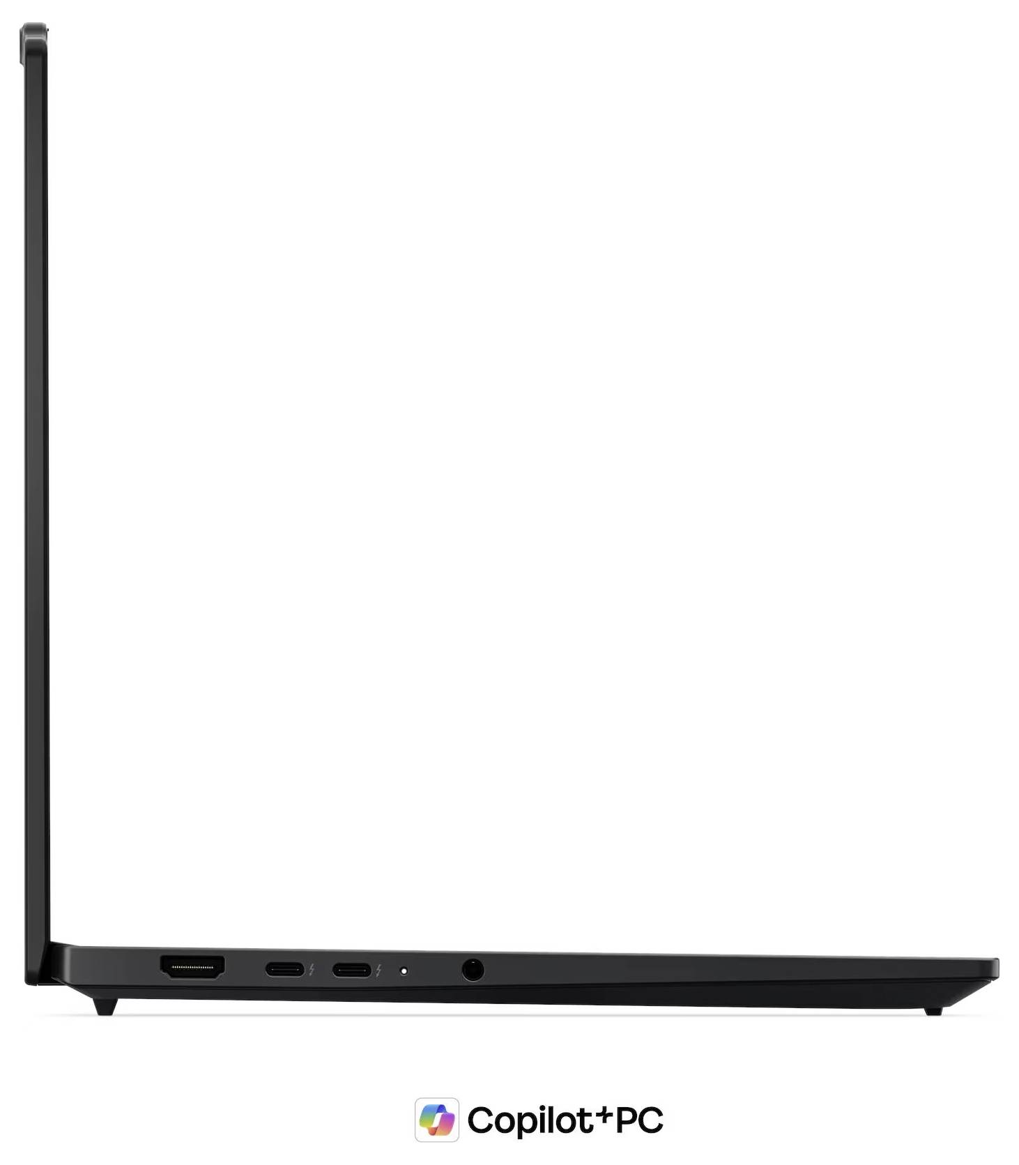 Seitenansicht eines dünnen schwarzen Laptops, vollständig geöffnet, mit dem Logo 