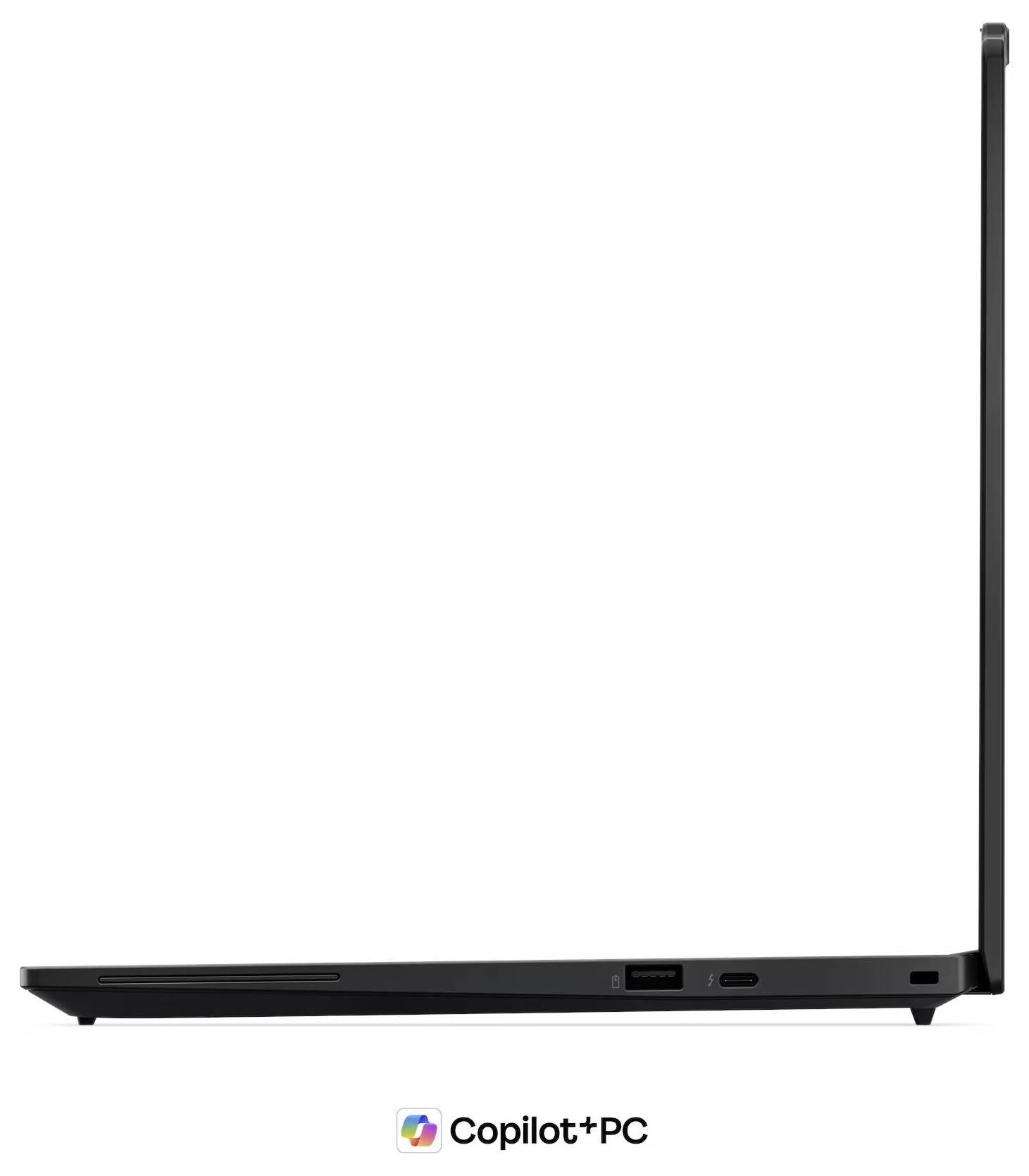 Minimalistische Seitenansicht eines schwarzen Copilot+ PC-Laptops, geöffnet in Profilansicht auf weißem Hintergrund.